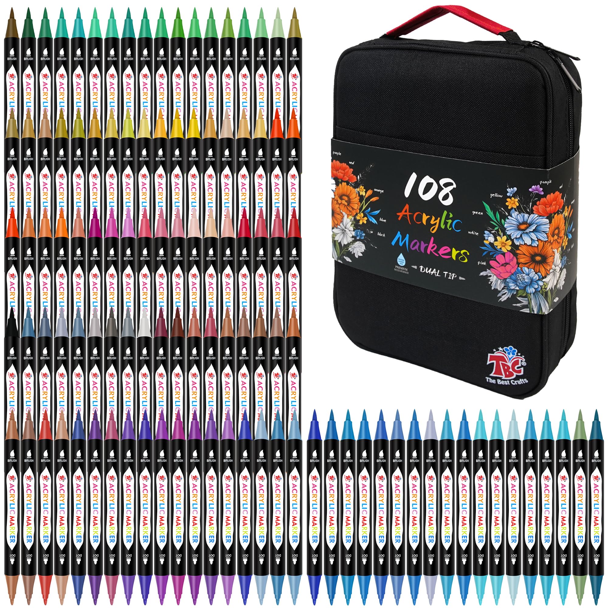 TBC The Best Crafts 108 Farben Acrylfarben-Marker mit doppelter Spitze, hochwertige Canvas-Tasche mit Doppelreißverschluss, wasserfest, ungiftig, geruchlos, geeignet für Papier, Keramik, Steine, Glas, Malerei im Freien