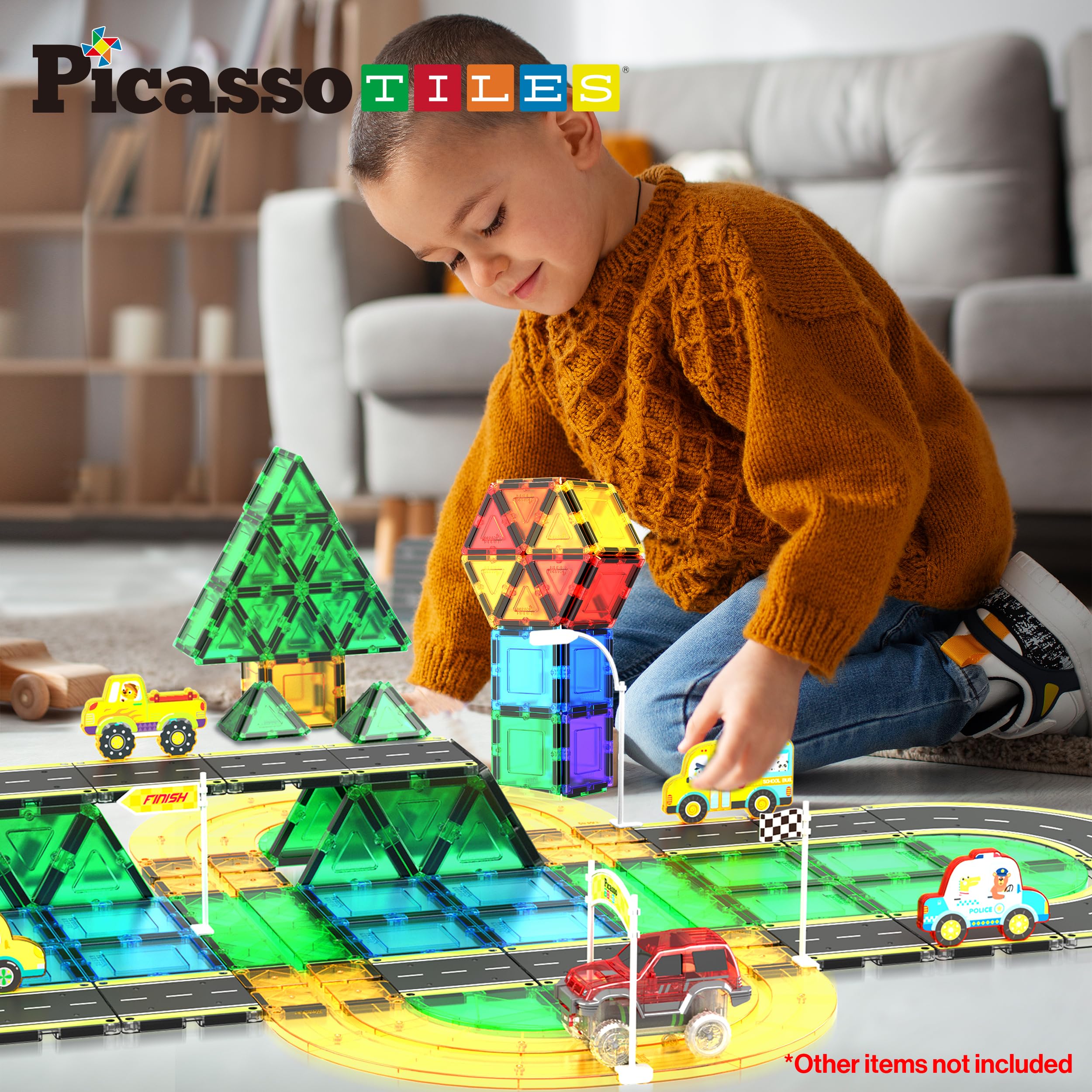 PicassoTiles Magnetic Race Track Toys Car Tracks Set for Toddlers Magnet Building Blocks Tiles Sensory Toys for Kids Include 2 Trucks STEM Engage in Thrilling Races Age 3+ Year Old Boys Girls