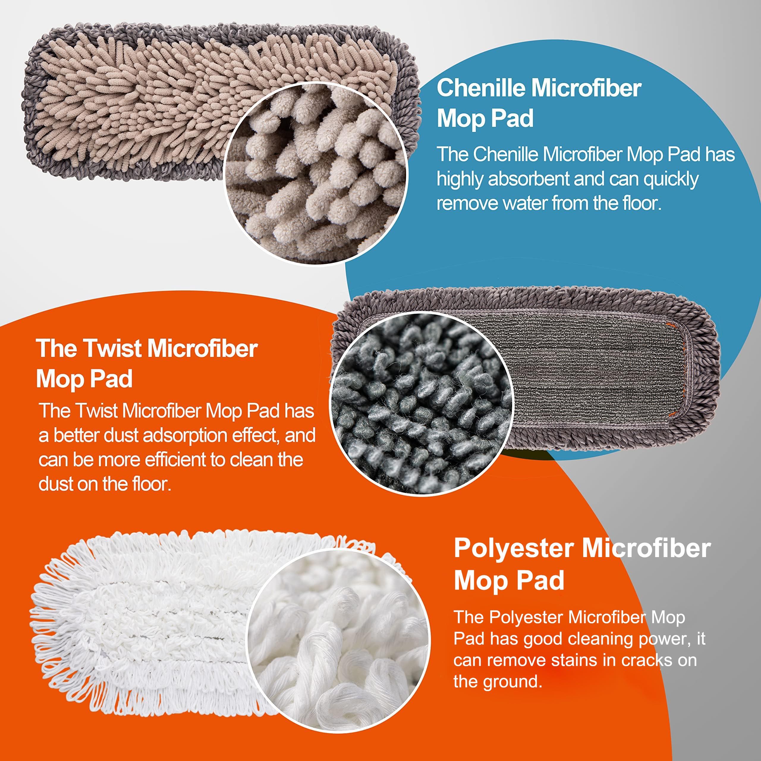 CLEANHOME Mops for Floor Cleaning with 3 Different Washable Pads and Extendable 55” Long Handle, Multifunction Dust Mop for Hardwood,Marble,Tile Floor Mopping,Orange
