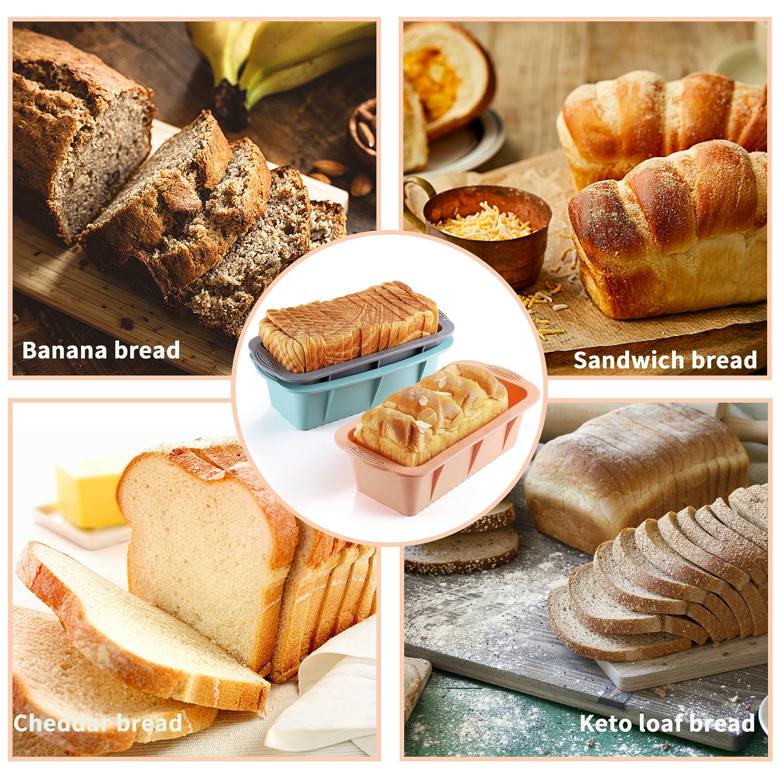 MONGSEW 3PCS Silicone Bread Loaf Pan, Non-Stick Bread Pans for Baking, Easy Release Loaf Pan, Great for Homemade Bread, Cakes, Brownies, Dishwasher Safe (3 Colors, Nesting Design)