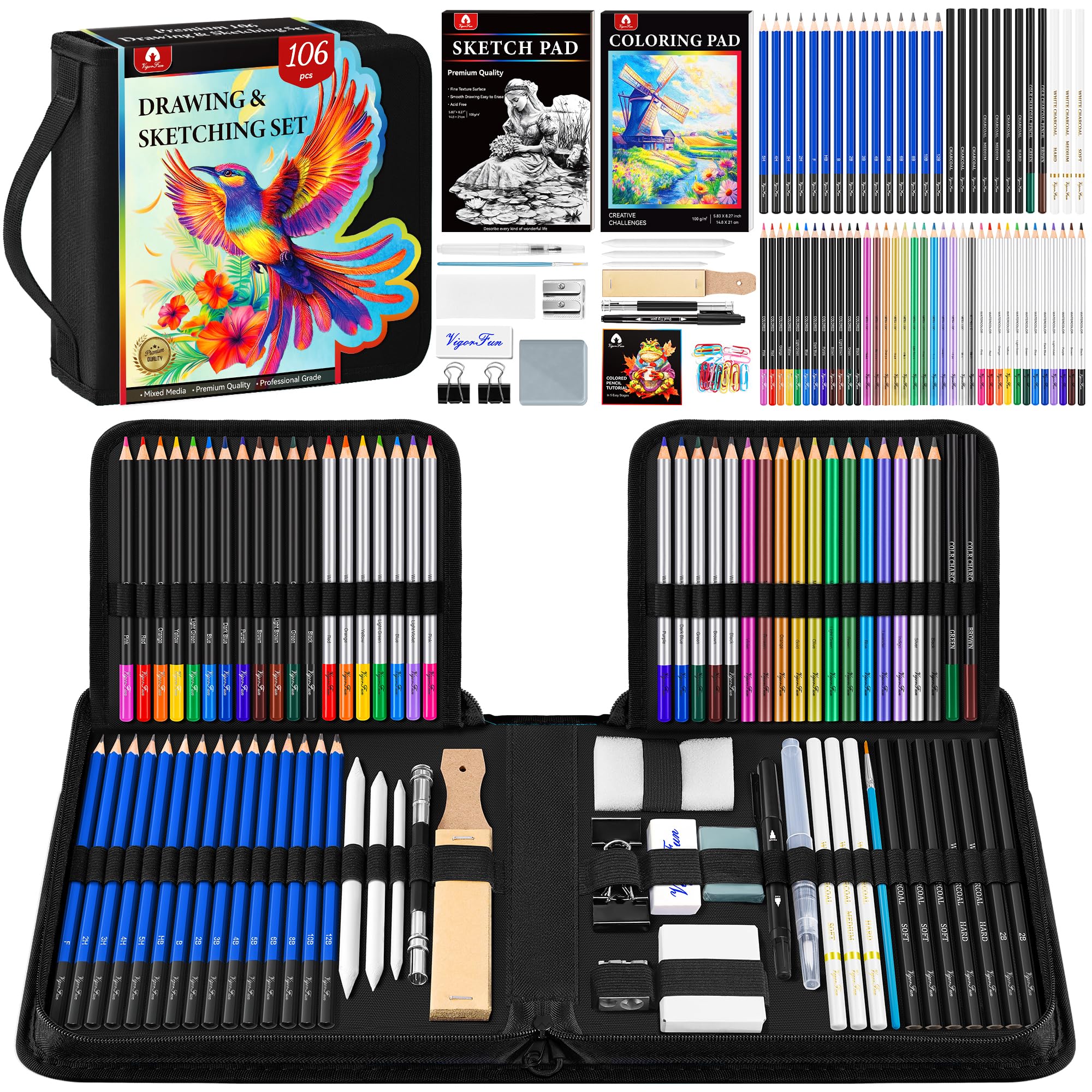 106 PCS Art Supplies Sketching Kit, Pro Drawing Pencils with 3-Color Sketchbook, Coloring Book, Colored Graphite Charcoal Watercolor & Metallic Pencils, Drawing Supplies Gifts for Artists Adults Kids