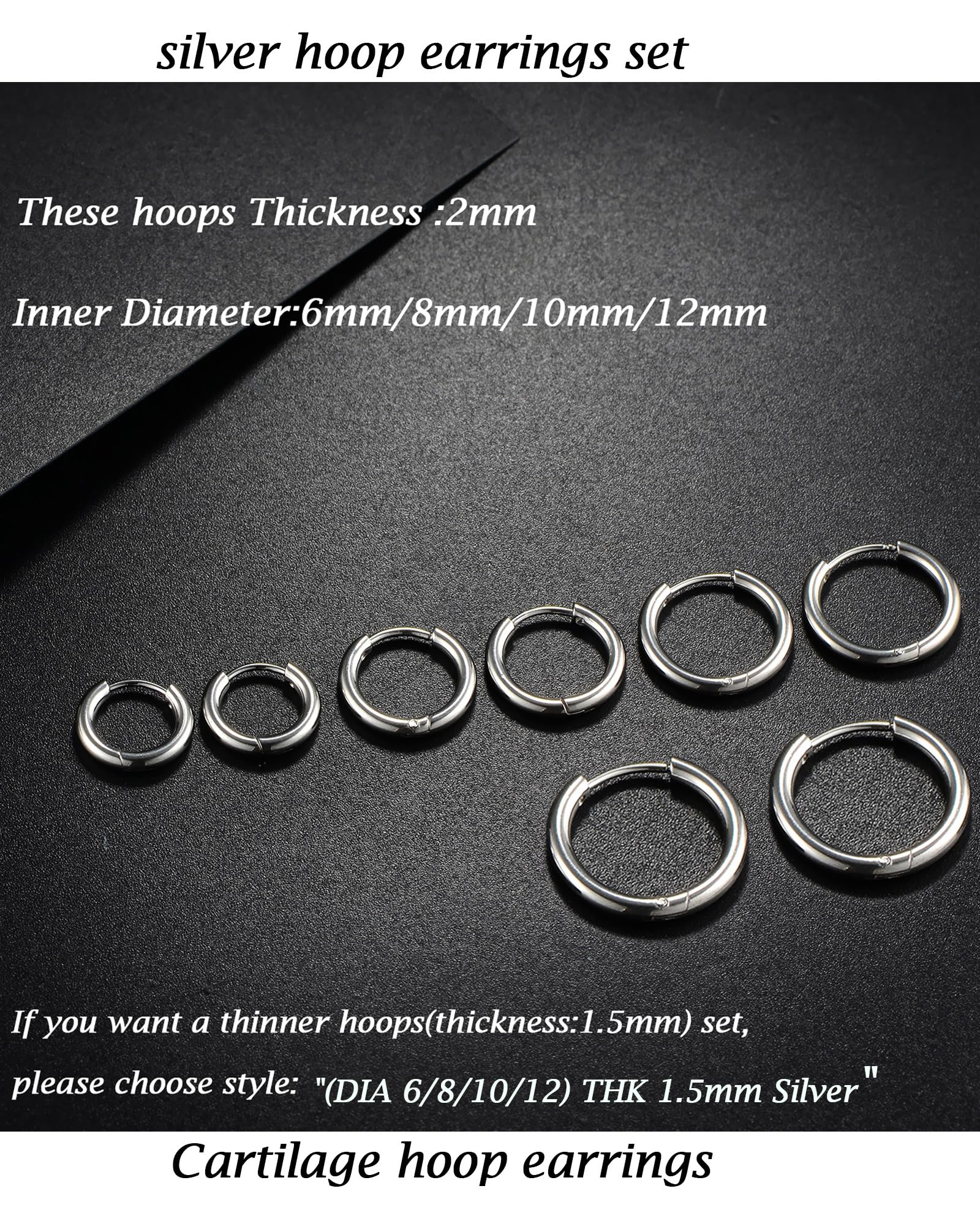 Gabry&jwl 316L Surgical Stainless Steel Hoop Earrings - 6mm, 8mm, 10mm, 12mm Silver Huggie Earrings - Hypoallergenic Cartilage Hoops for Helix, Lobes