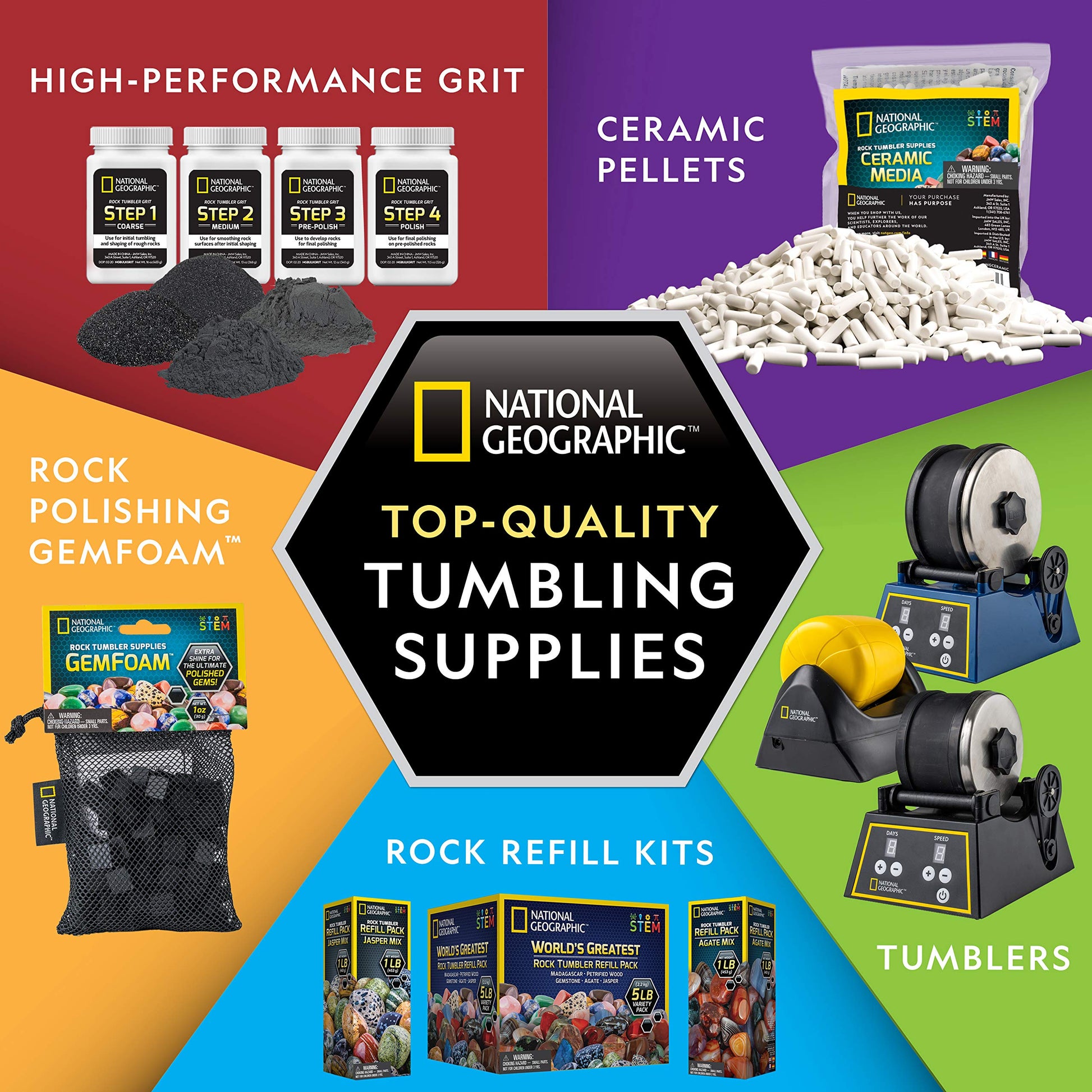 Blue Marble National Geographic Rock Tumbler Grit and Polish Refill Kit - Tumbling Grit Media, Polish Up to 20 lbs. of Rocks, Works with Any Rock Polisher, Rock Tumbler Supplies