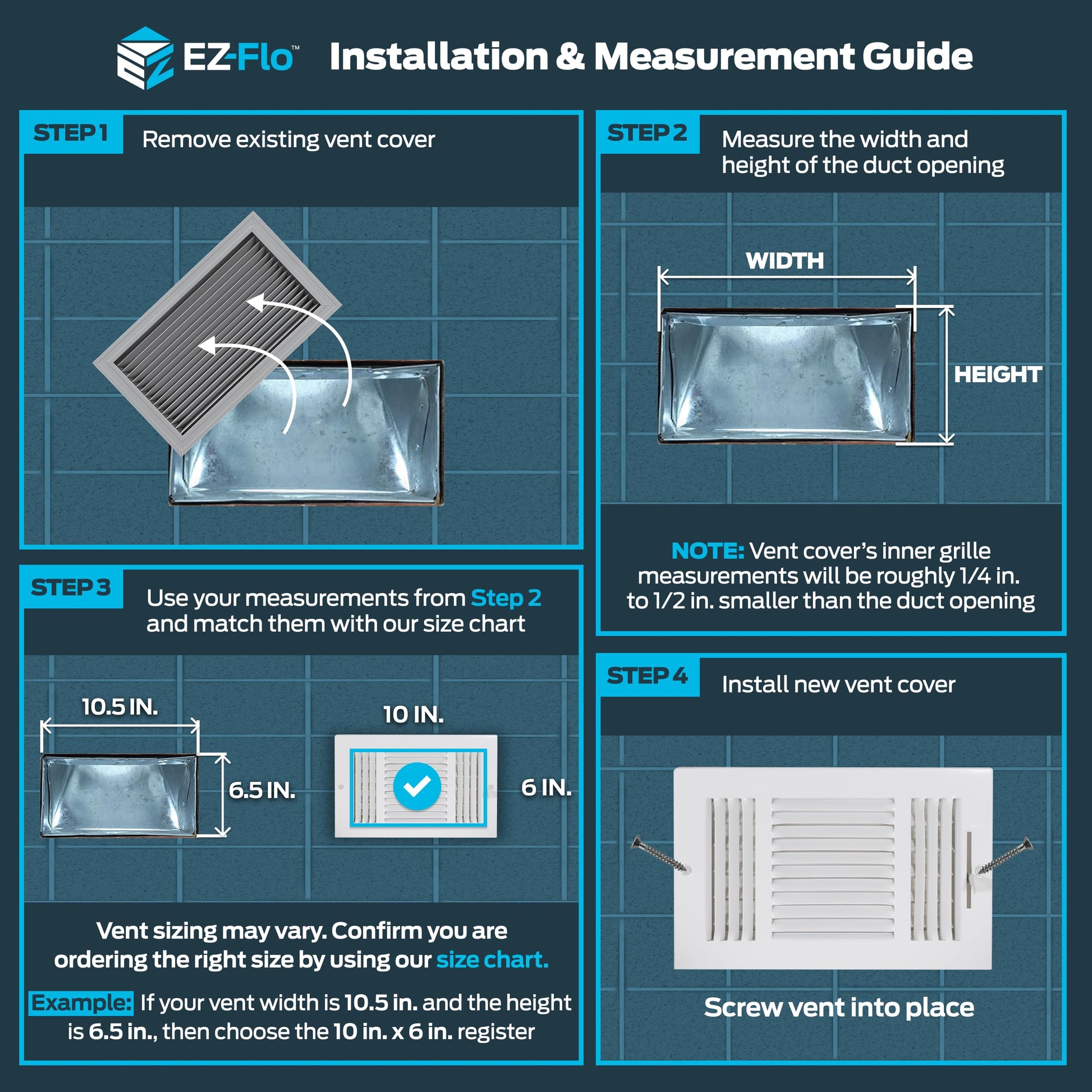EZ-FLO 10 x 6 Inch (Duct Opening) Air Vent Cover for Wall or Ceiling, Three-Way Ventilation Register, Solid Steel HVAC Register Cover, White, 61614