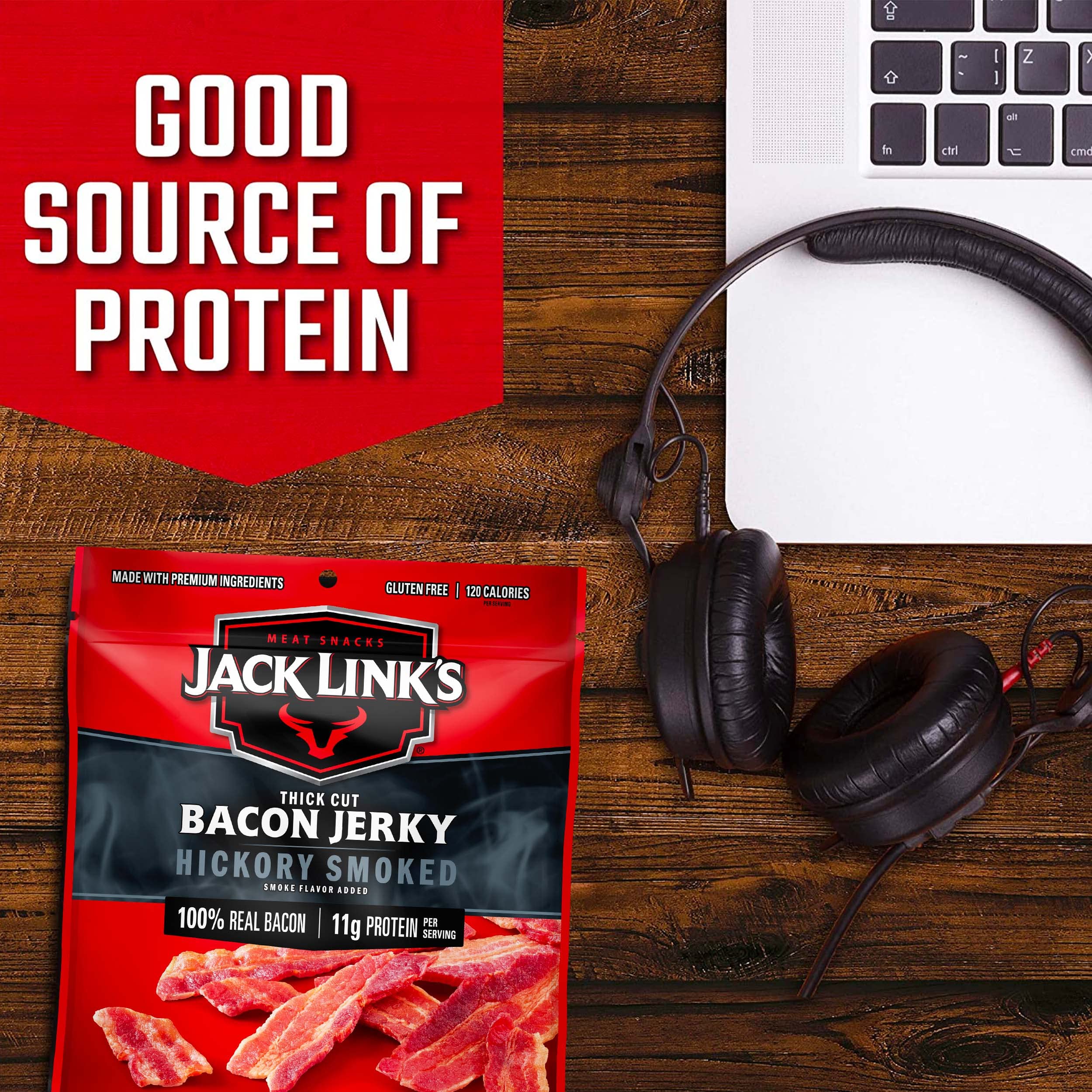Jack Link's Bacon Jerky, Hickory Smoked - Flavorful Ready to Eat Meat Snack with 11g of Protein per Serving, Made with 100% Thick Cut Real Bacon, Protein Snack, Keto Friendly, 2.5 oz.