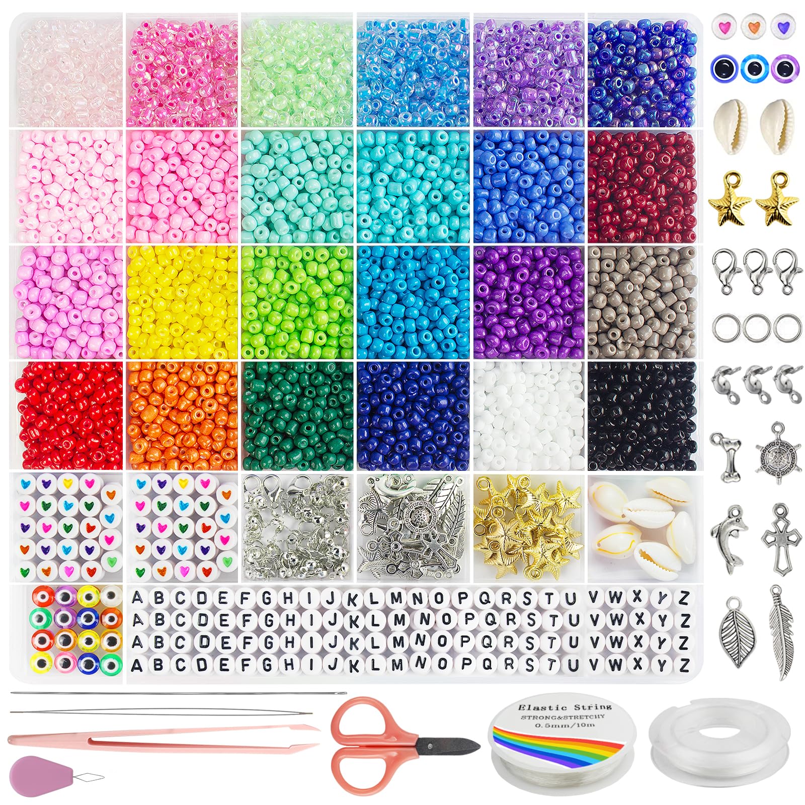 Redtwo 4mm Glass Seed Beads for Jewelry Bracelet Making Kit, Small Beads Friendship Bracelet Kit, Tiny Waist Beads with Letter Beads and Elastic String, DIY Art Craft Girls Gifts.