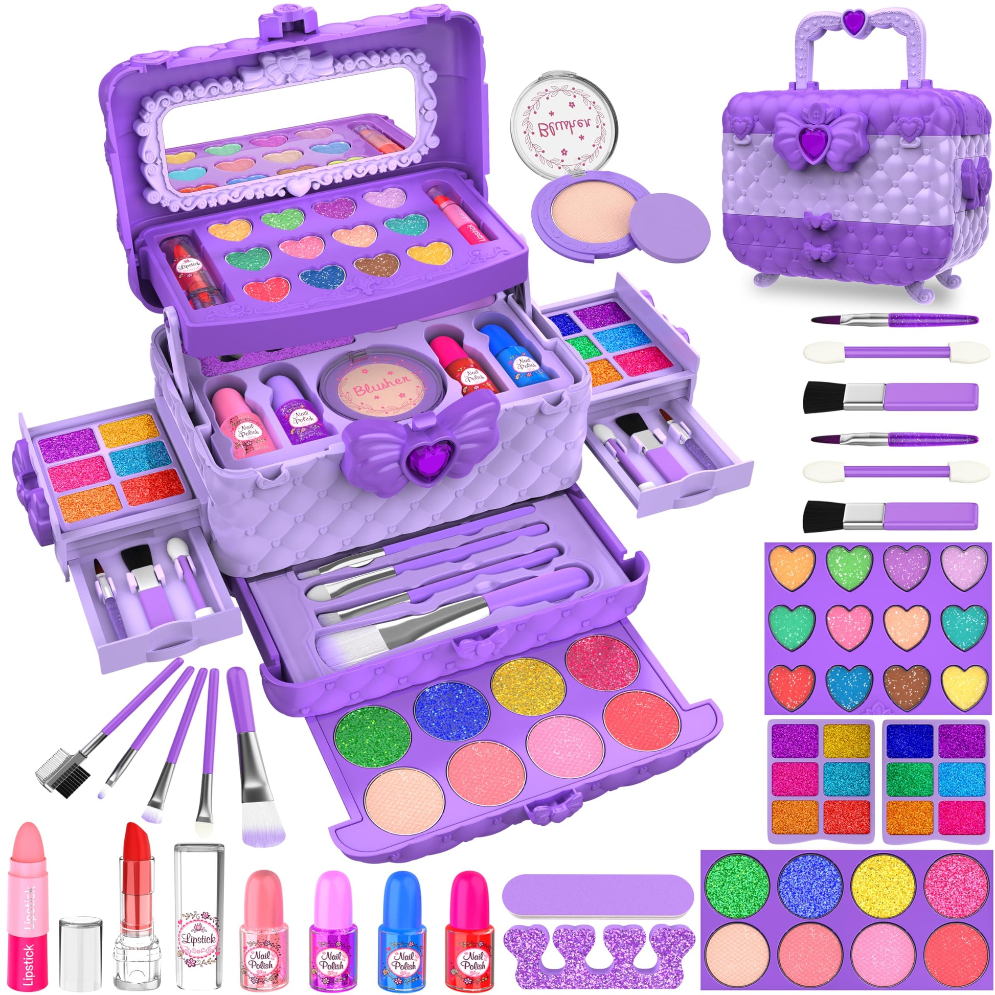 54 Pcs Kids Makeup Kit for Girls, Princess Real Washable Pretend Play Cosmetic Set Toys with Mirror, Non-Toxic & Safe, Birthday Gifts for 3 4 5 6 7 8 9 10 Years Old Girls Kids (Pink)