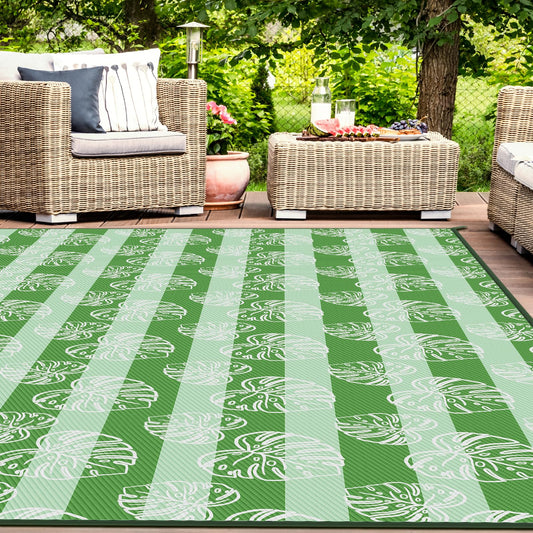 ROMROL Plastic Straw Reversible Area Rug, 5x8ft, Green Leaf, Waterproof, Indoor Outdoor, RV, Patio, Picnic, Beach, Camping