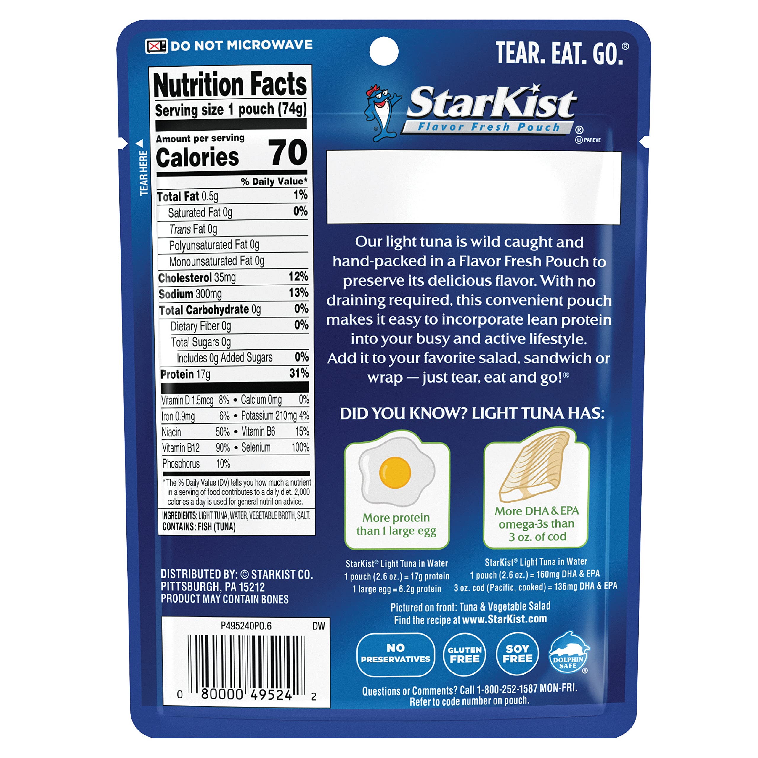 StarKist Chunk Light Tuna in Water, 2.6 oz Pouch (1 Pack) Ready to Eat Wild Caught Tuna, 17g Protein, 70 Calories Per Serving, Gluten Free, Soy Free, Kosher, Perfect for Salads, Keto Meals and Snacks