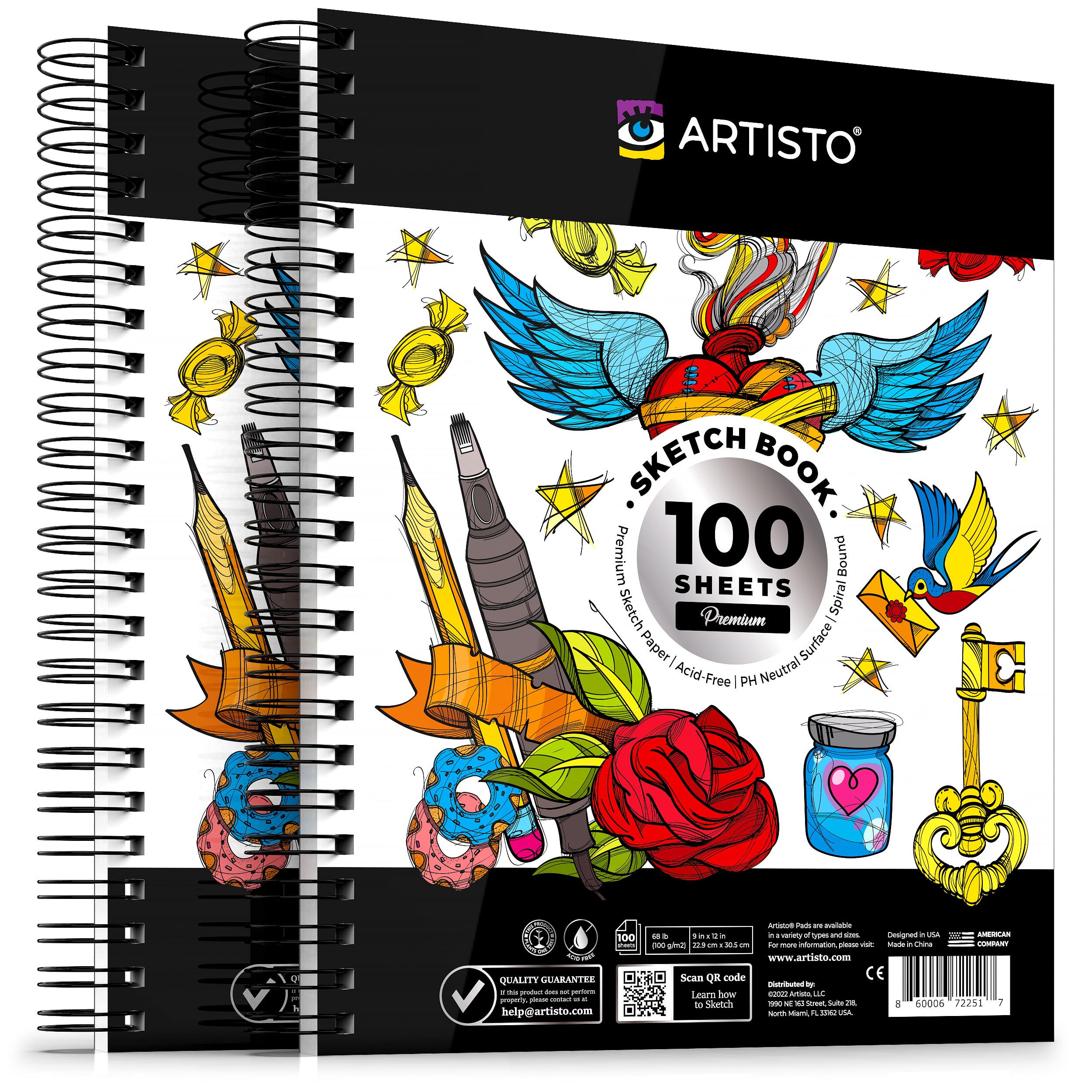 Artisto 9x12 Premium Sketch Book Set, Spiral Bound, Pack of 2, 200 Sheets (100g/m2), Acid-Free Drawing Paper, Ideal for Kids, Teens & Adults.
