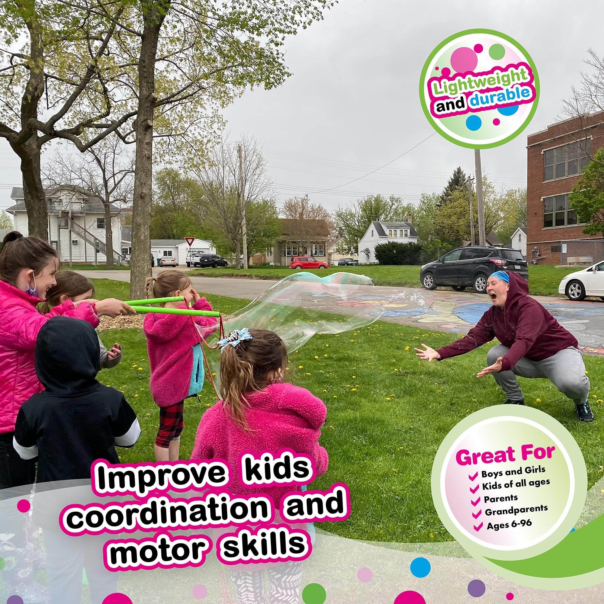 WOWmazing Giant Bubble Wands Kit: (4-Piece Set) | Incl. Wand, Big Bubble Concentrate and Tips & Trick Booklet | Outdoor Toy for Kids, Boys, Girls | Bubbles Made in The USA