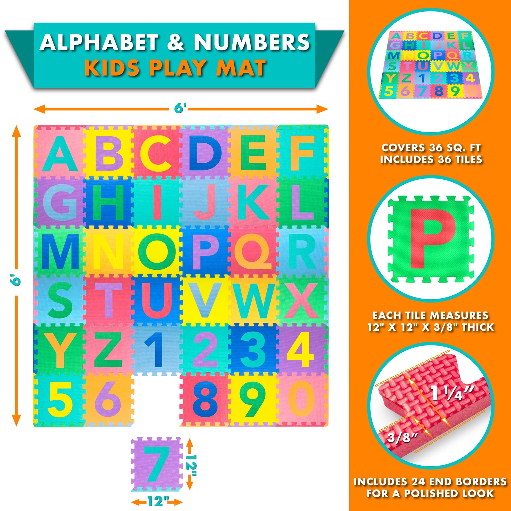 ProSource Kids Puzzle Alphabet, Numbers, 36 Tiles and Edges Play Mat, 12"x12", Abc & 123