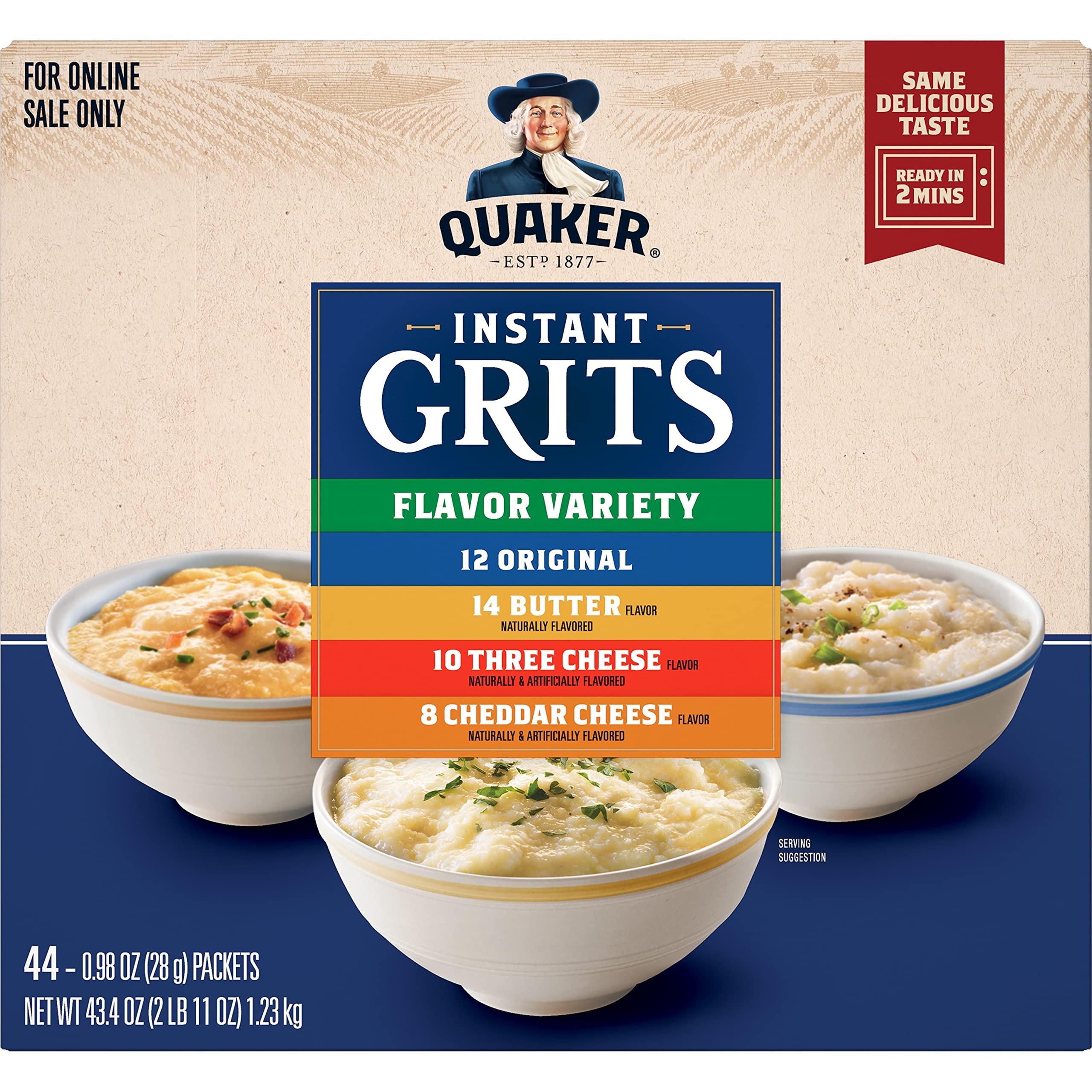 Quaker Instant Grits, 4 Flavor Variety Pack, 0.98oz Packets,44 Count (Pack of 1)