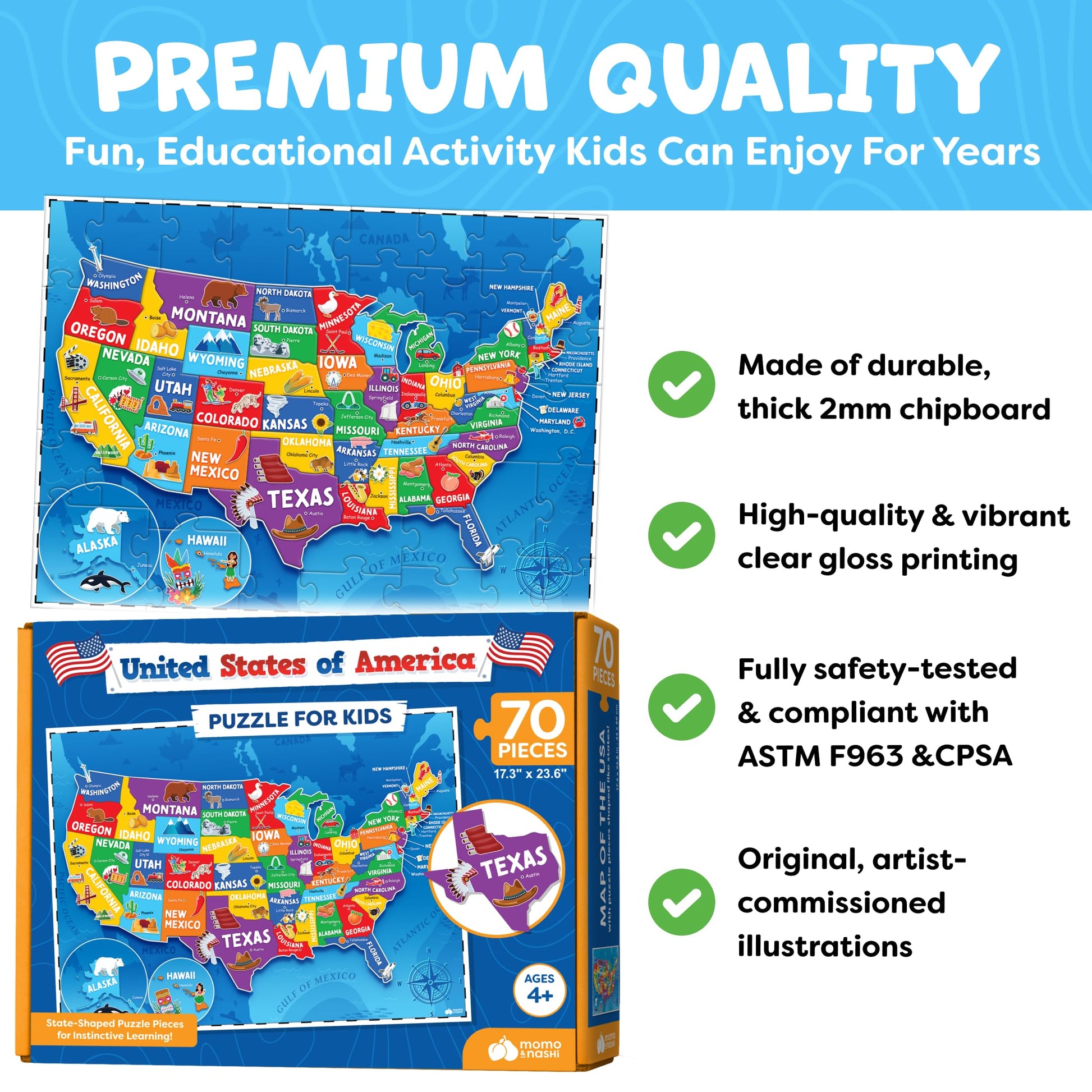 United States Puzzles for Kids Ages 4-6 - Educational Toys for Boys & Girls - 70Pcs USA Map Kids Puzzle with 50 States & Capitals - Floor Jigsaw Puzzles - Fun Learning Activities & Gifts for Children