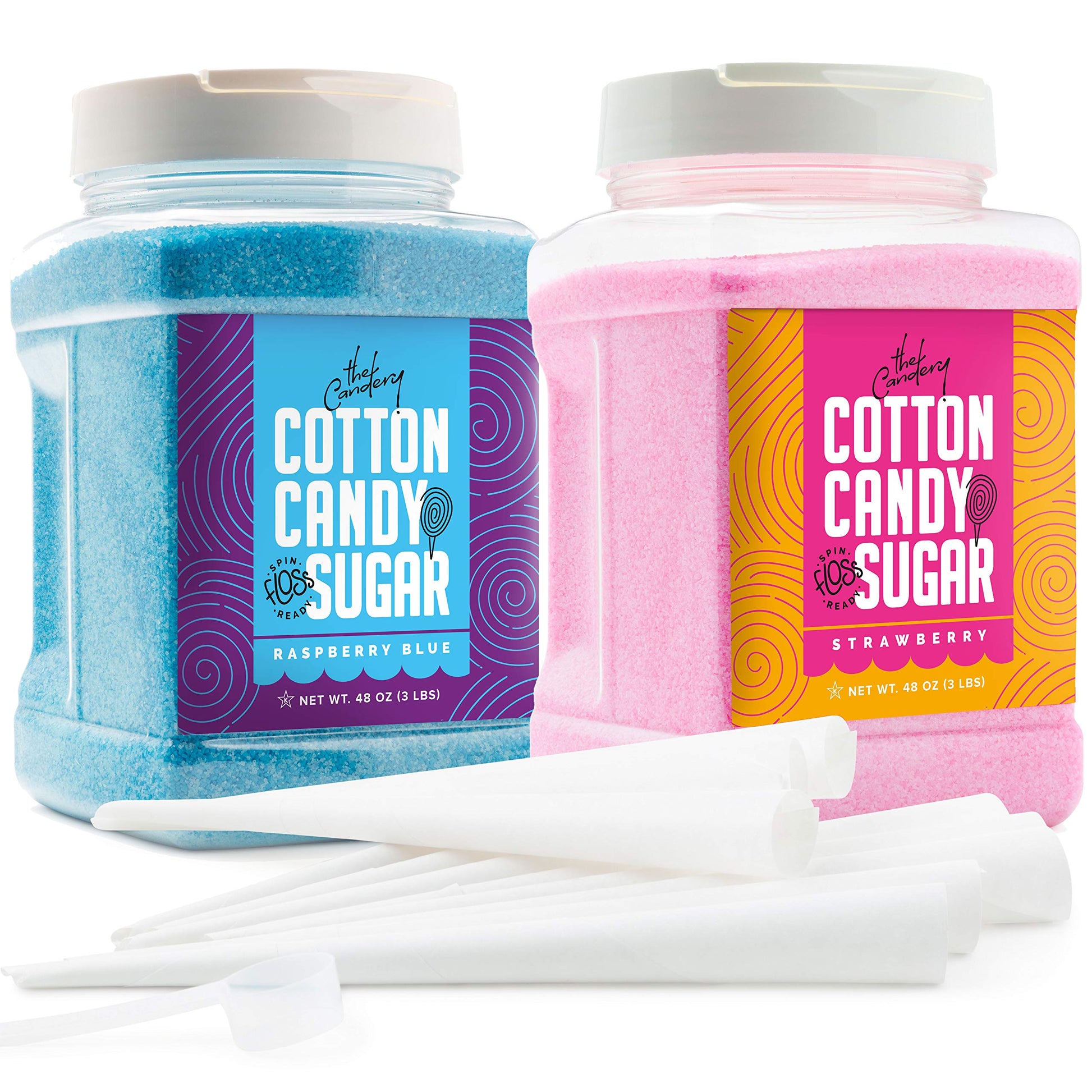 The Candery Cotton Candy Floss Sugar (2-Pack) Includes 100 Premium Cones | Raspberry Blue and Strawberry | Plastic, Reusable Jars | Easy Pour Spout or Scoop | Includes Scooper | 3 LBS Jars