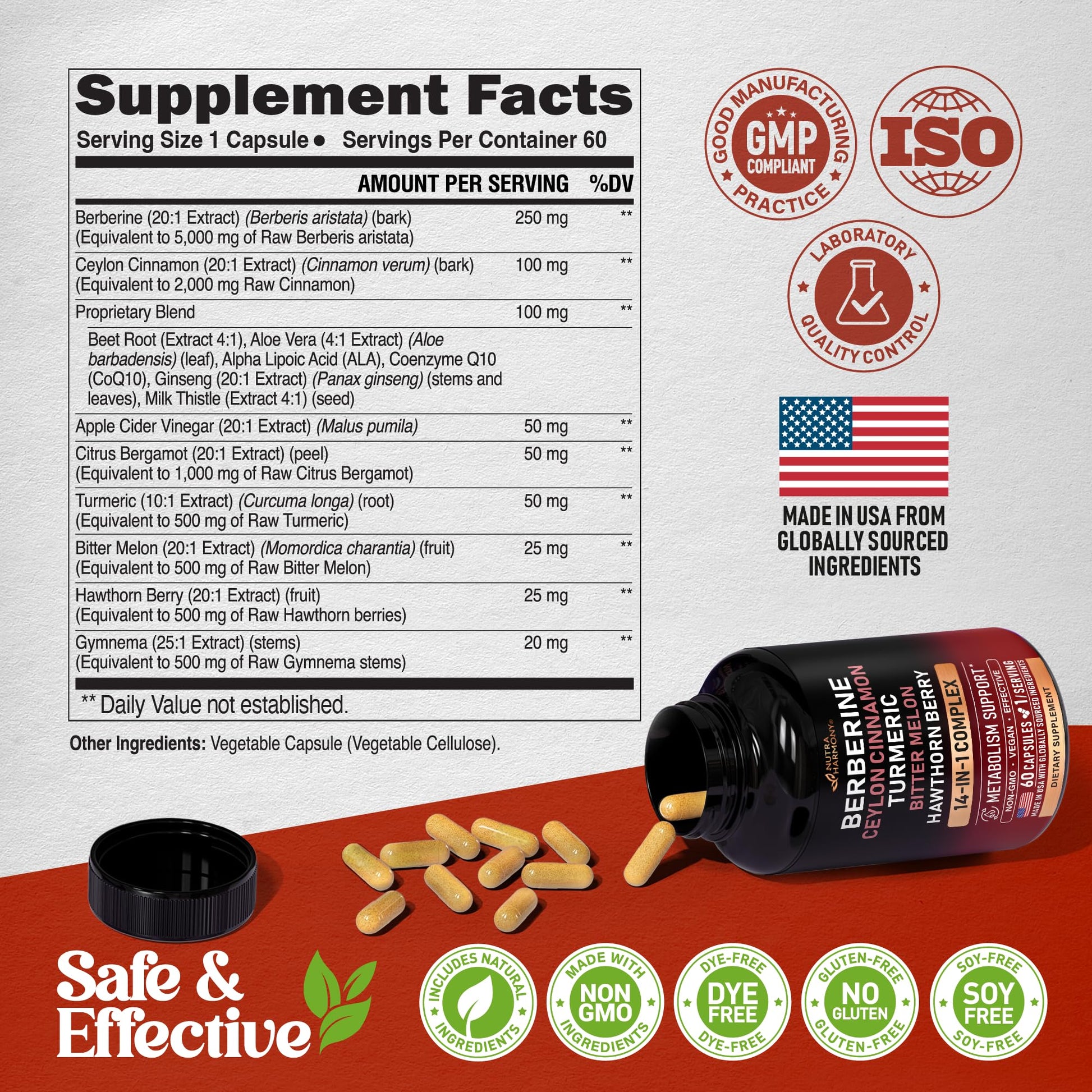 Berberine with Ceylon Cinnamon | Gymnema Extract | Apple Cider Vinegar | Hawthorn Berry | Citrus Bergamot | Bitter Melon - 14-in-1 Supplement for Heart Support, Metabolism & Energy - Vegan 60 Capsules
