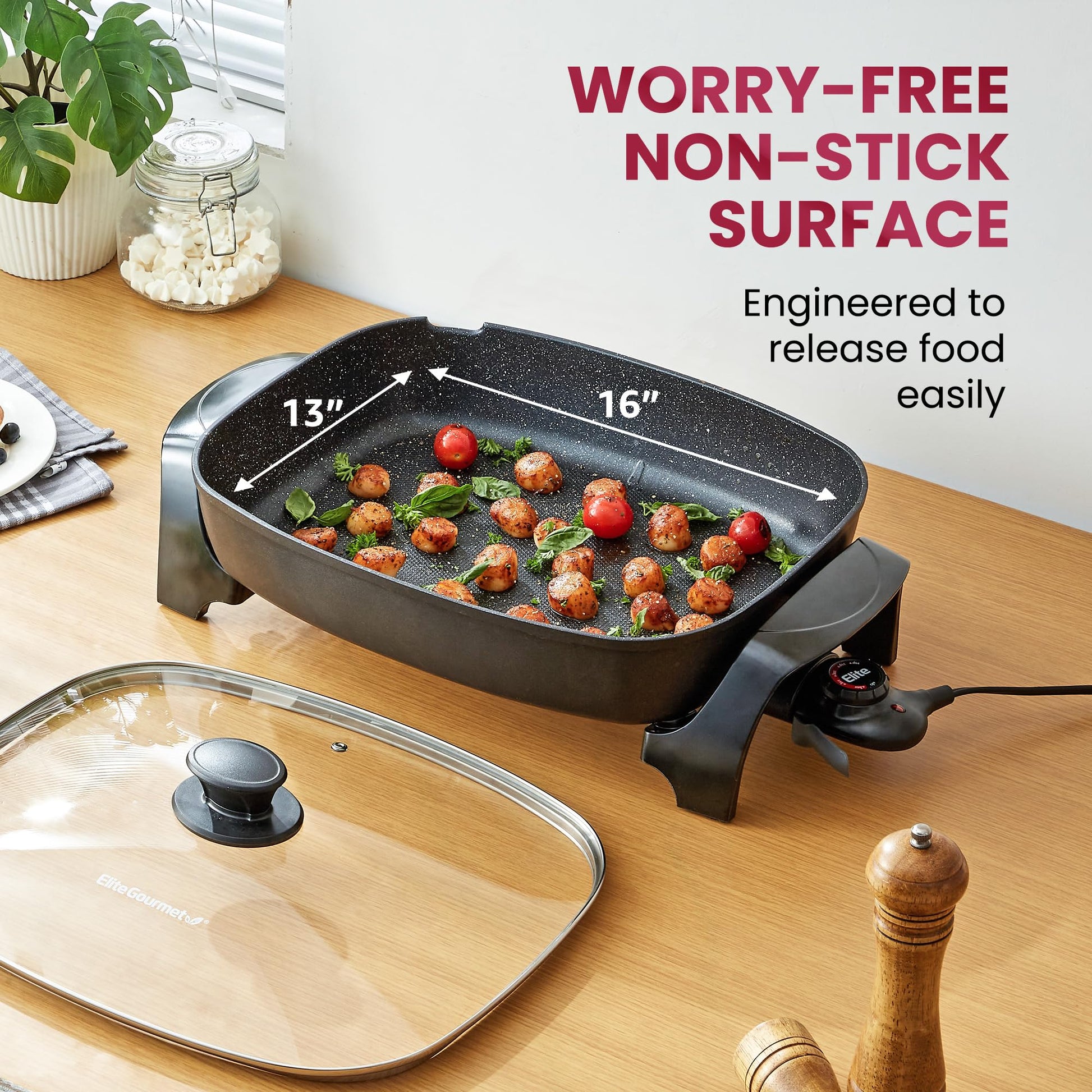 Elite Gourmet EG-6203# Extra Deep 16"x13"x3.2" (10.5Qt.) Scratch Resistant, Easy Pour Spout Dishwasher Safe, Non-stick Electric Skillet with Glass Vented Lid, Adjustable Temperature, Black