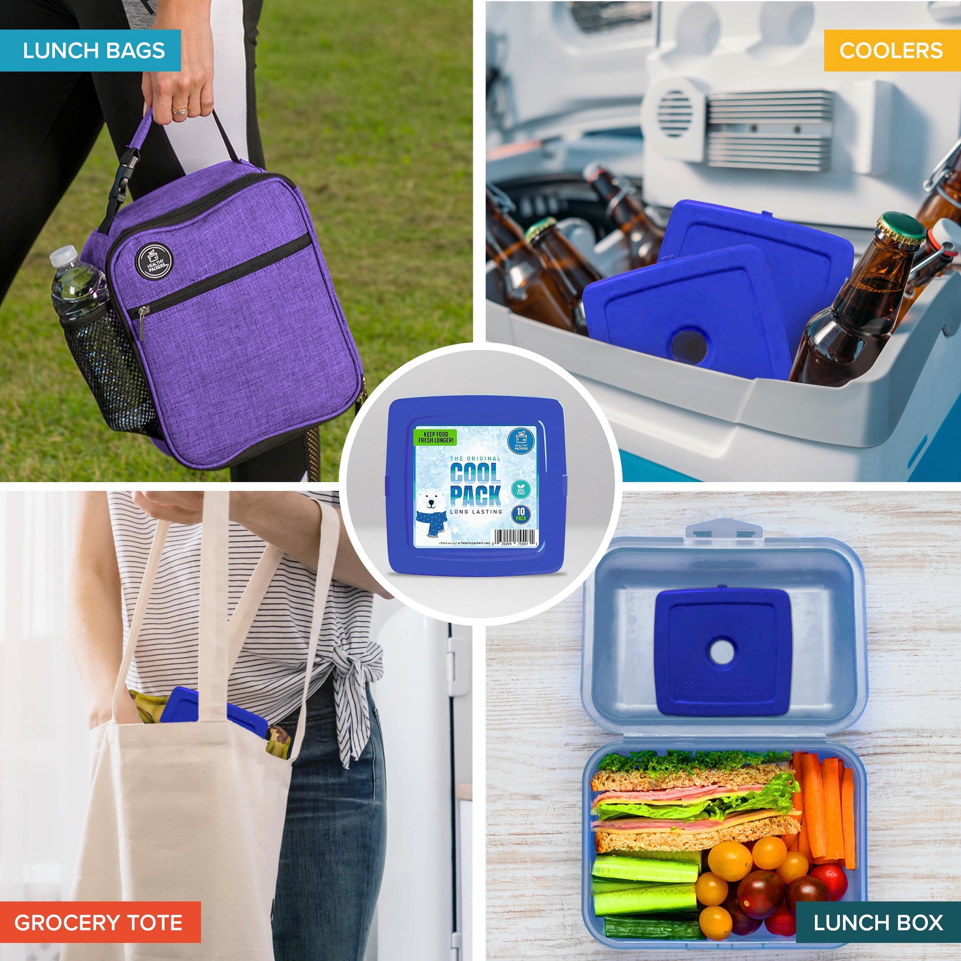 Healthy Packers Ice Packs for Lunch Bags - Freezer Packs - Original Cool Pack | Slim & Long-Lasting Reusable Ice Pack for Lunch Box and Cooler Bag (Set of 10)
