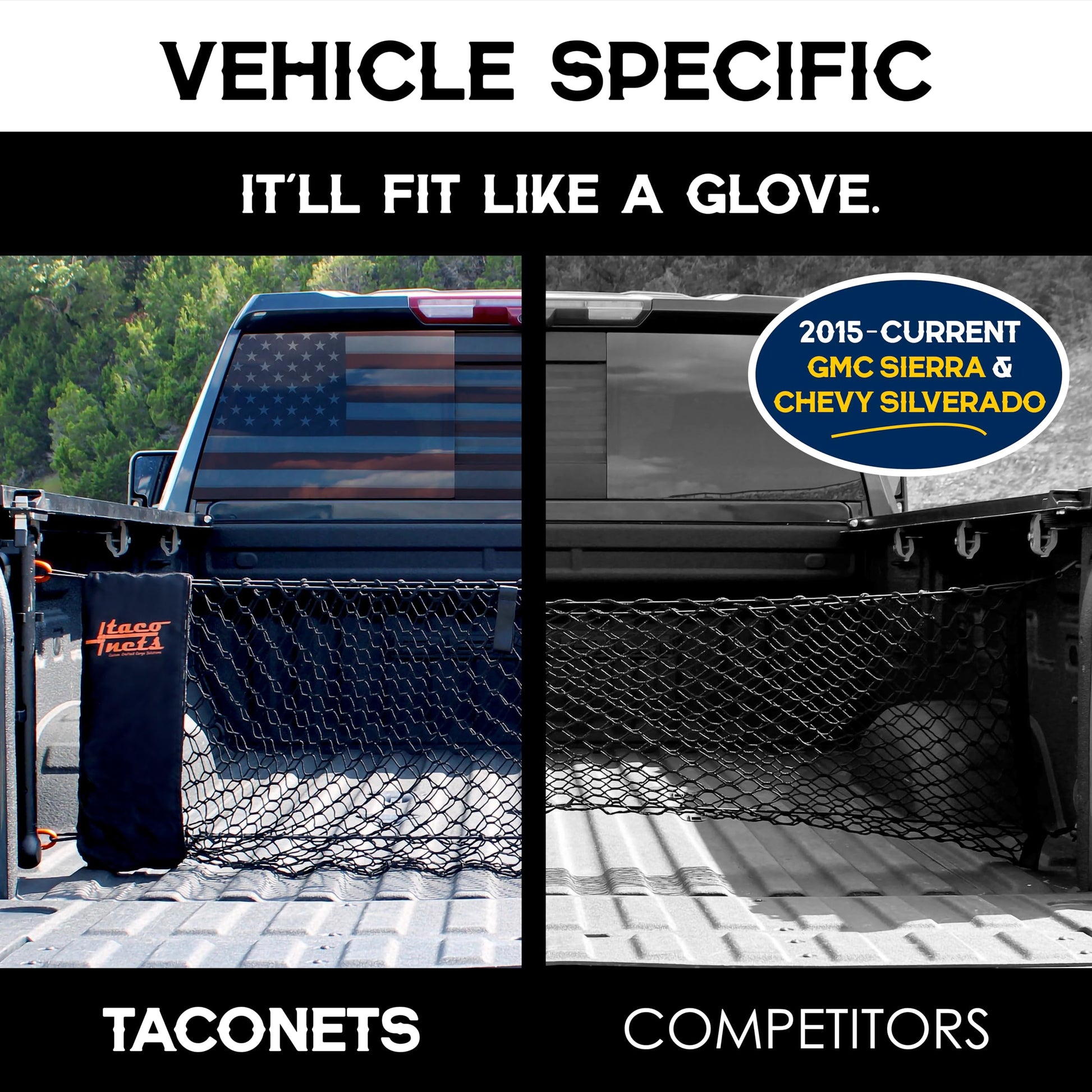TacoNets Envelope Cargo Net for GMC Sierra & Chevy Silverado - Fits 2013-2025 - Upgraded 5mm Bungee - Integrated Storage Bag - Heavy Duty Carabiners - Designed in USA - 18" x 50"