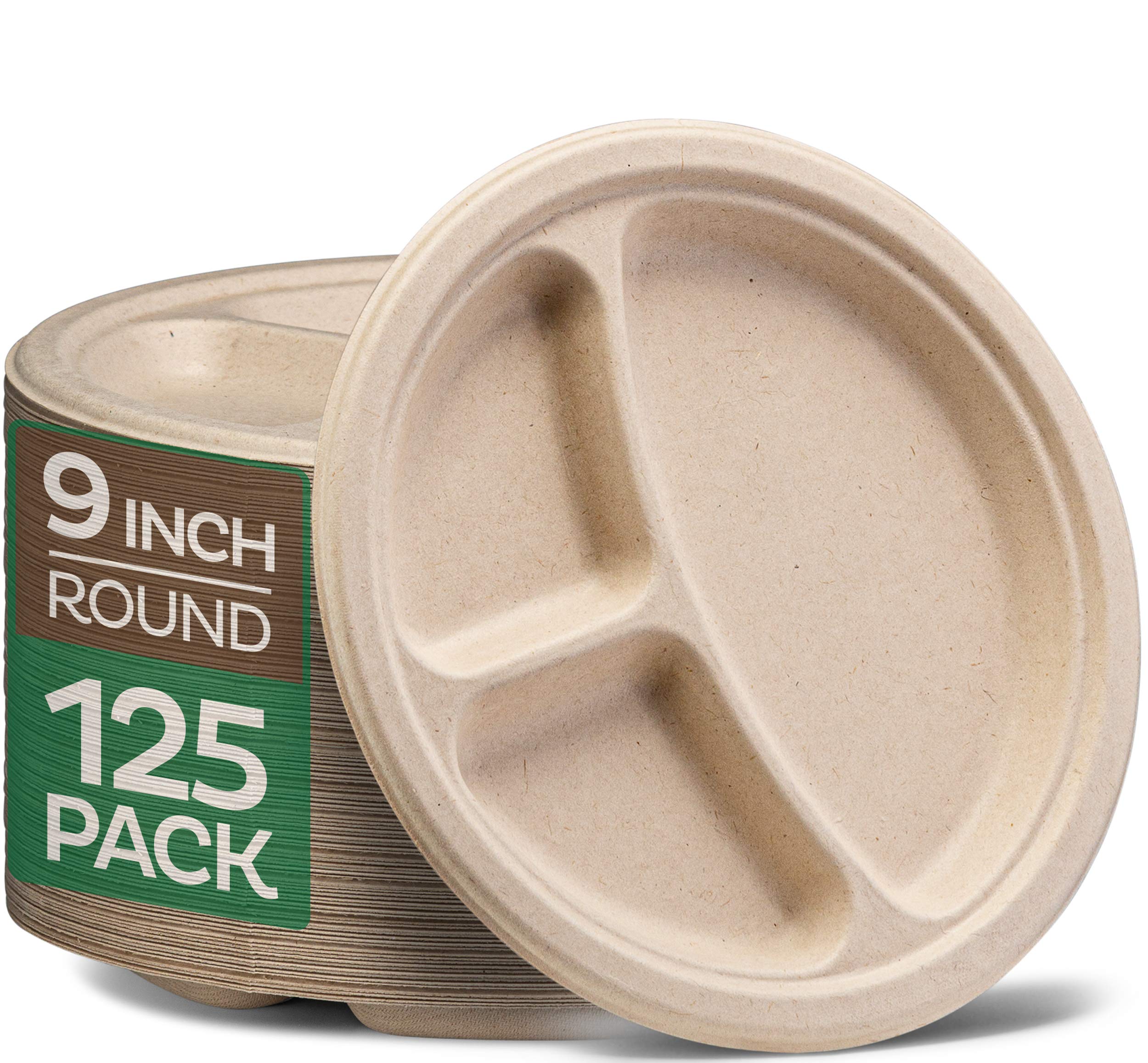 100% Compostable Paper Plates, Heavy Duty Disposable Plates [125-Pack] 9 Inch Plates - Eco-Friendly, Biodegradable Sugarcane Bagasse, Natural Unbleached Brown 9" Dinner Paper Plate Disposable