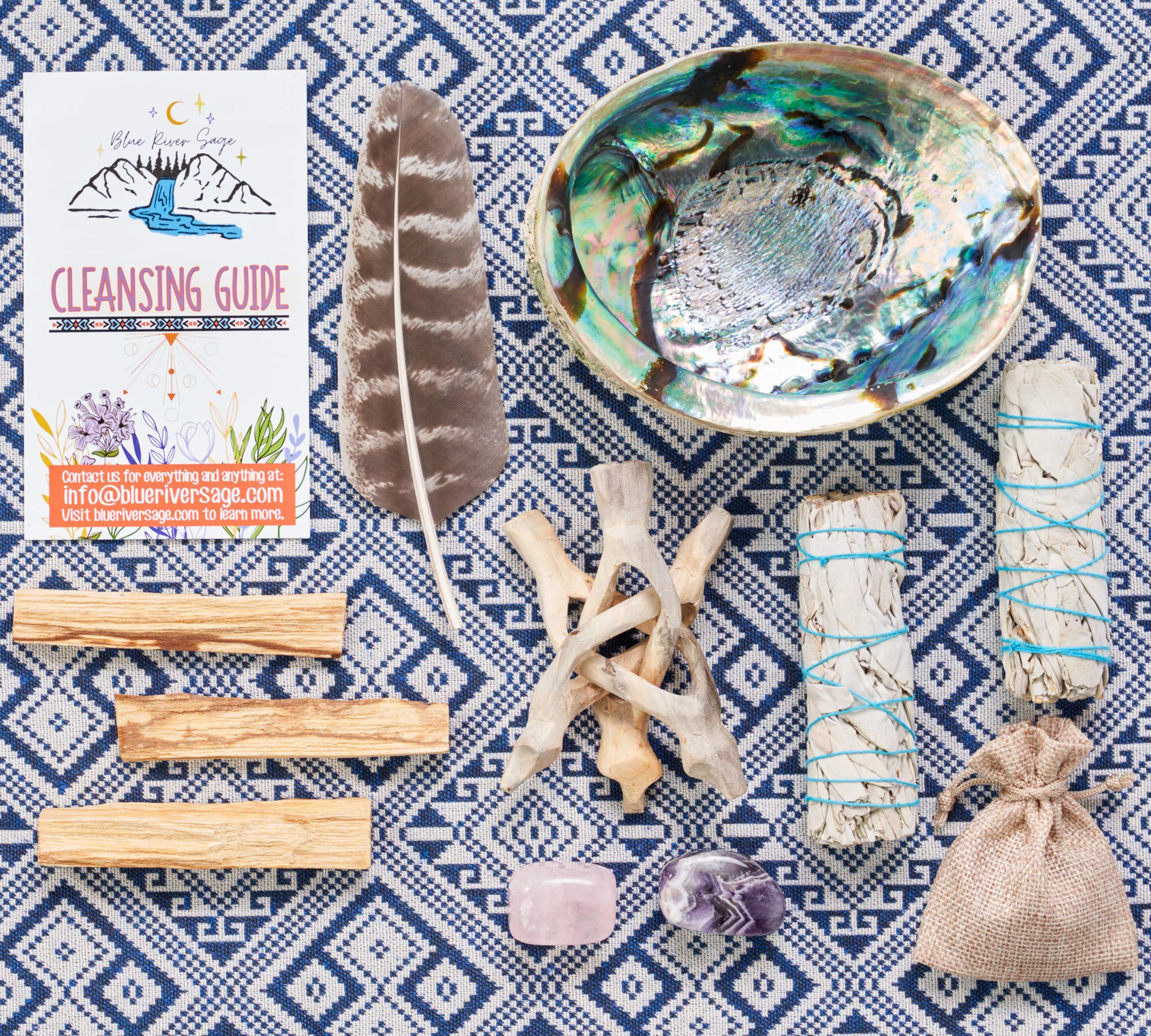 Home Cleansing & Smudging Kit with White Sage, Palo Santo, Abalone & Stand, Smudge Feather & Guide - Smudge Kit with Sage Smudge Sticks