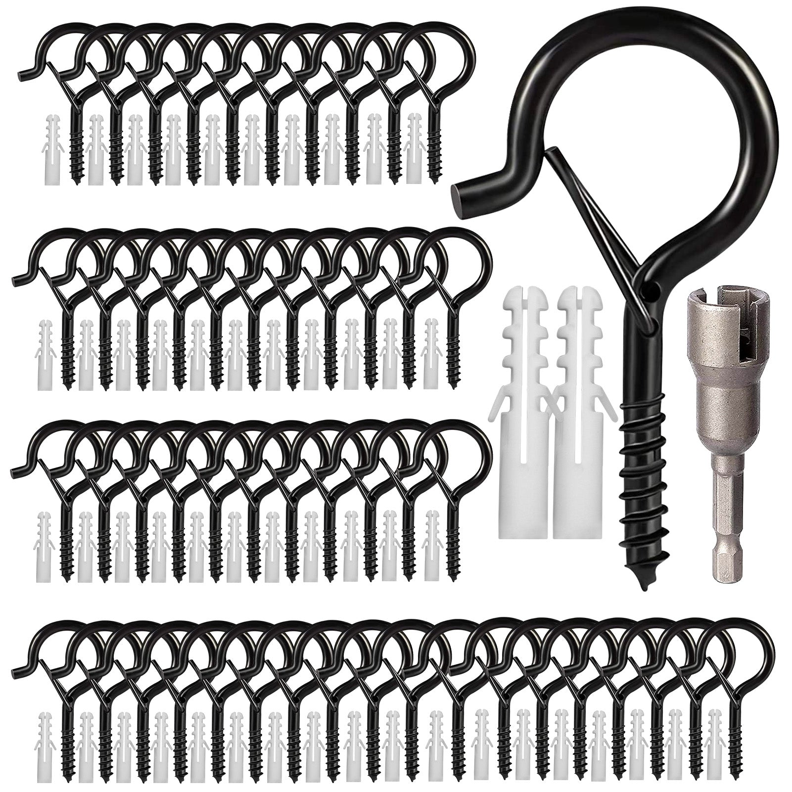 Hooks for Outdoor String Lights, 52 Pack Screw Hooks for Hanging Plants Led Party Lights Garage Wind Chimes, Black Heavy Duty Q Hanger Ceiling Cup Hooks with Safety Buckle, Box and Wing Nut Driver