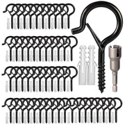 Hooks for Outdoor String Lights, 52 Pack Screw Hooks for Hanging Plants Led Party Lights Garage Wind Chimes, Black Heavy Duty Q Hanger Ceiling Cup Hooks with Safety Buckle, Box and Wing Nut Driver