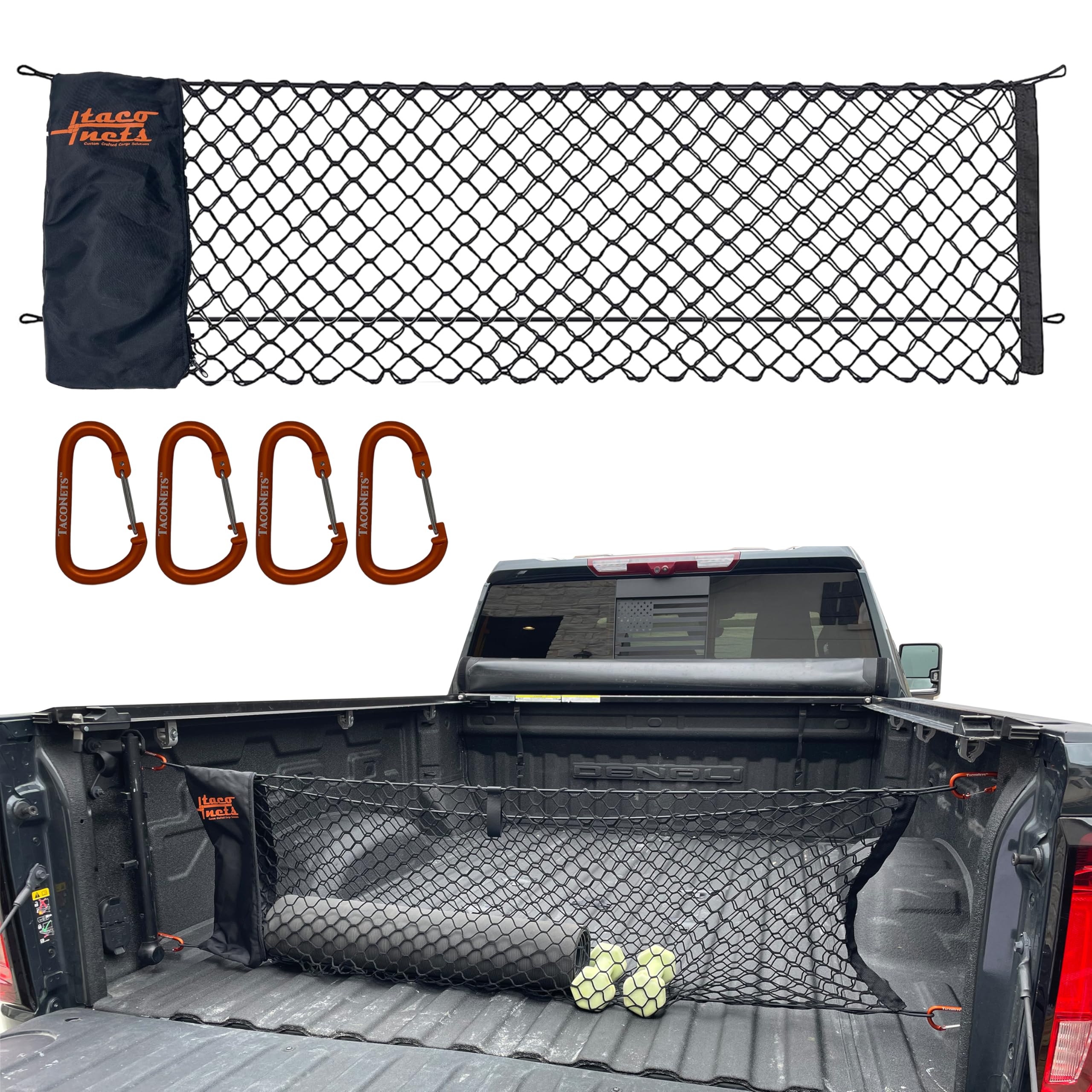 TacoNets Envelope Cargo Net for GMC Sierra & Chevy Silverado - Fits 2013-2025 - Upgraded 5mm Bungee - Integrated Storage Bag - Heavy Duty Carabiners - Designed in USA - 18" x 50"