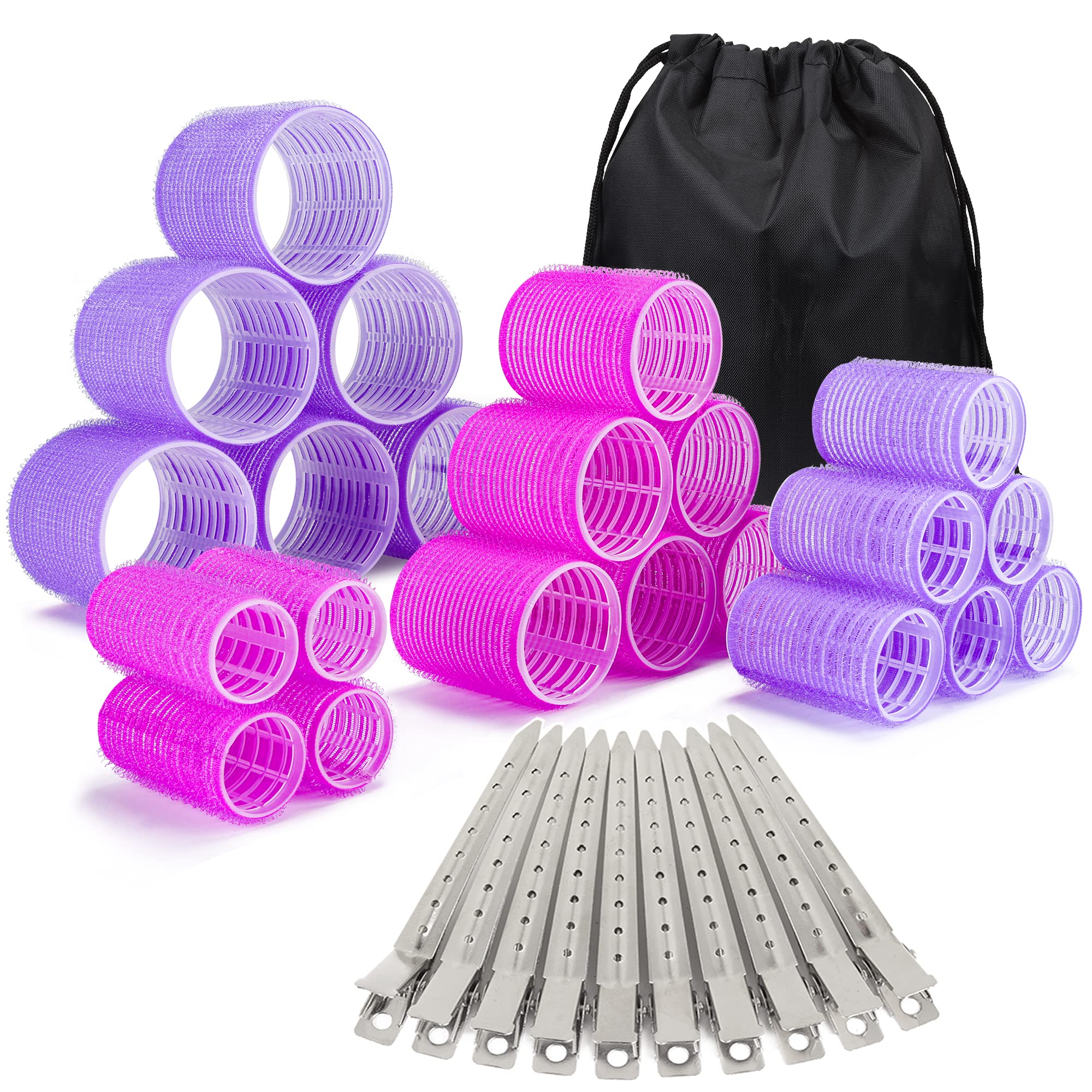 33-teiliges Lockenwickler-Set, selbsthaftende Lockenwickler für langes, mittleres und kurzes Haar, ELASO große mittlere Lockenwickler (22 Wickler + 10 Edelstahlklammern + 1 Aufbewahrungstasche)