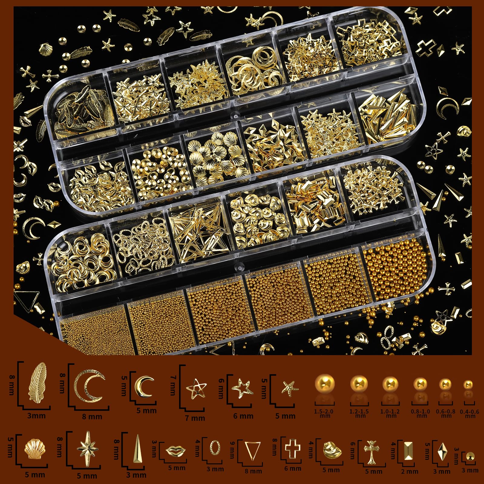 Teenitor Gold Nail Charms and Gems Set, 4 Boxes Nail Gems Nail Pearls Nail Art Tools, 3D Cross Nail Charms Heart Nail Rhinestones for Nails Supplies, Charms for Nails Design Nail Art Kit