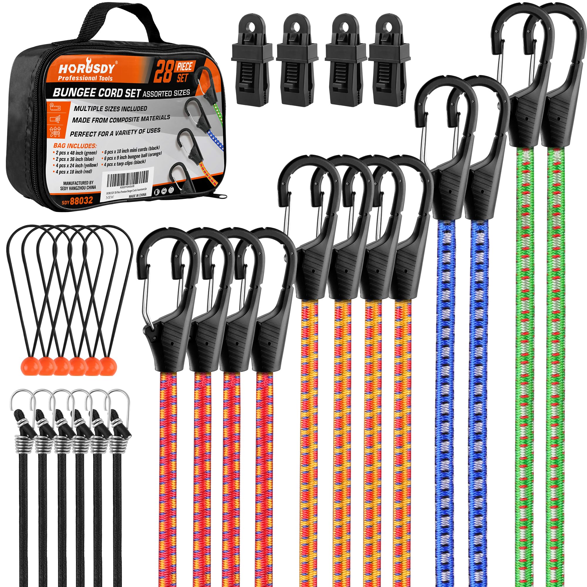 HORUSDY 31-Piece Premium Bungee Cords Assortment Jar, Includes 10”,18”,24”,32”,40” Bungee Cords, 6“ Zip Ties, 8”Canopy/Tarp Ball Ties and Crocodile Mouth Tarp Clips