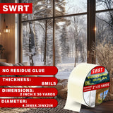 SWRT 2”x30yd/90ft Transparent Window Weather Sealing Tape, No Residue Window Insulation for Winter, Preventing Cold Air Loss in Summer Door and Window Seal Kit