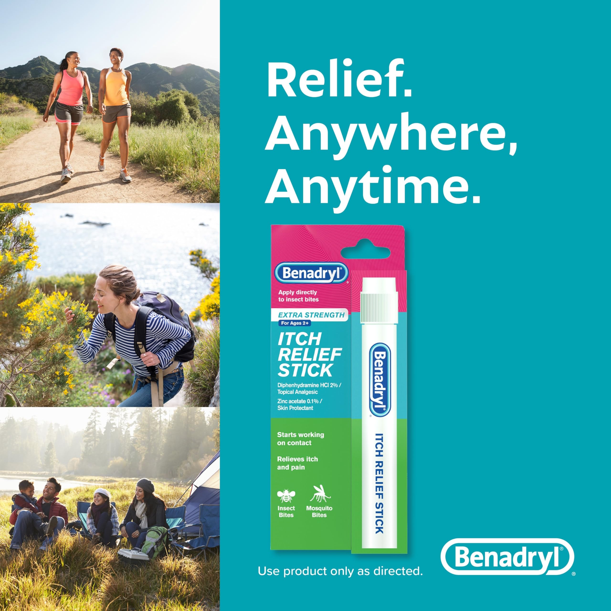 Benadryl Extra Strength Anti-Itch Relief Stick, Bug Bite Itch Relief, Diphenhydramine HCl Topical Analgesic & Zinc Acetate Skin Protectant, Great for Camping Essentials, 0.47 fl oz