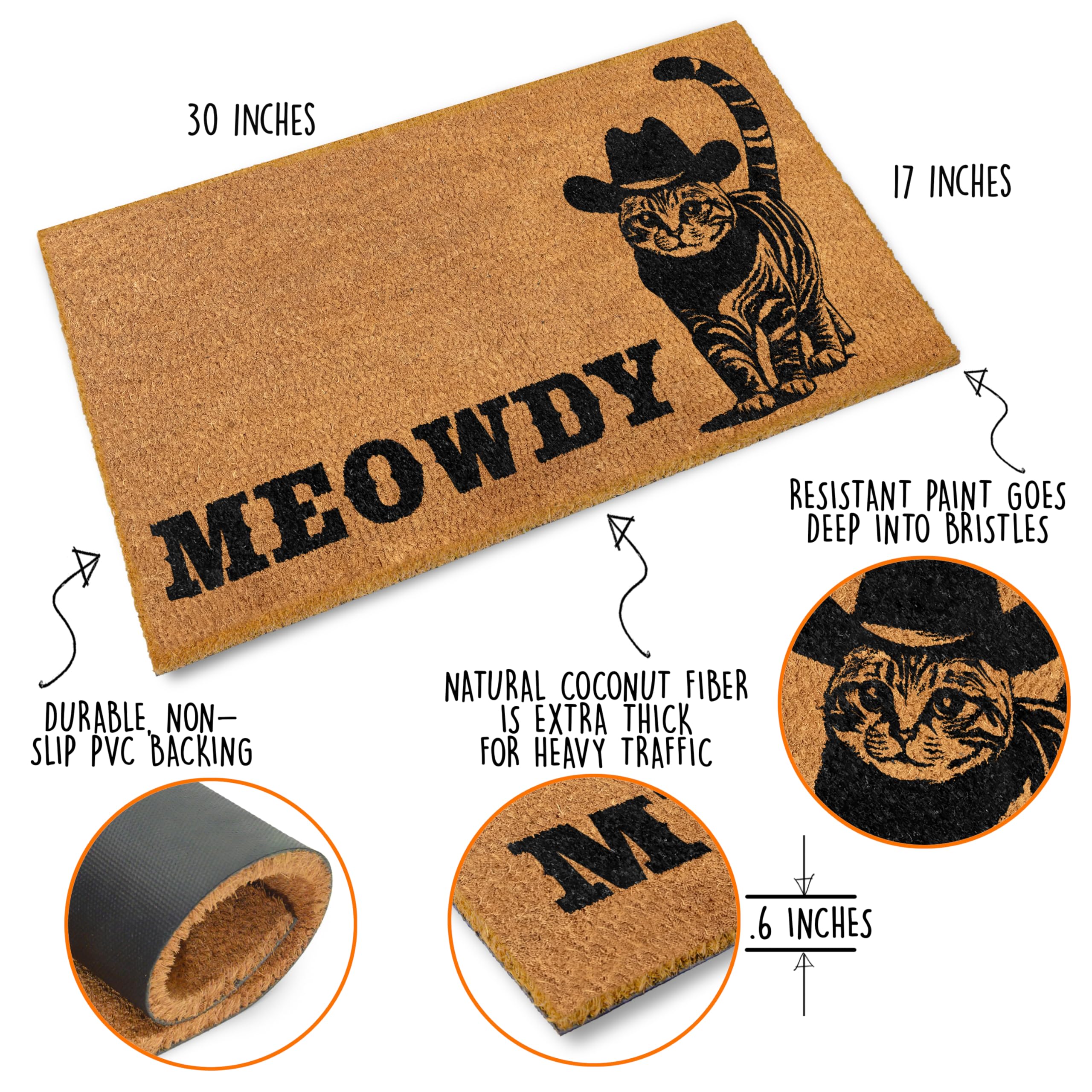 Meowdy Doormat 30x17 Inch, Cat Front Door Mat for Covered Outdoor Area, Black Cat Welcome Mats for Front Door Gift, Coir Outdoor Doormat
