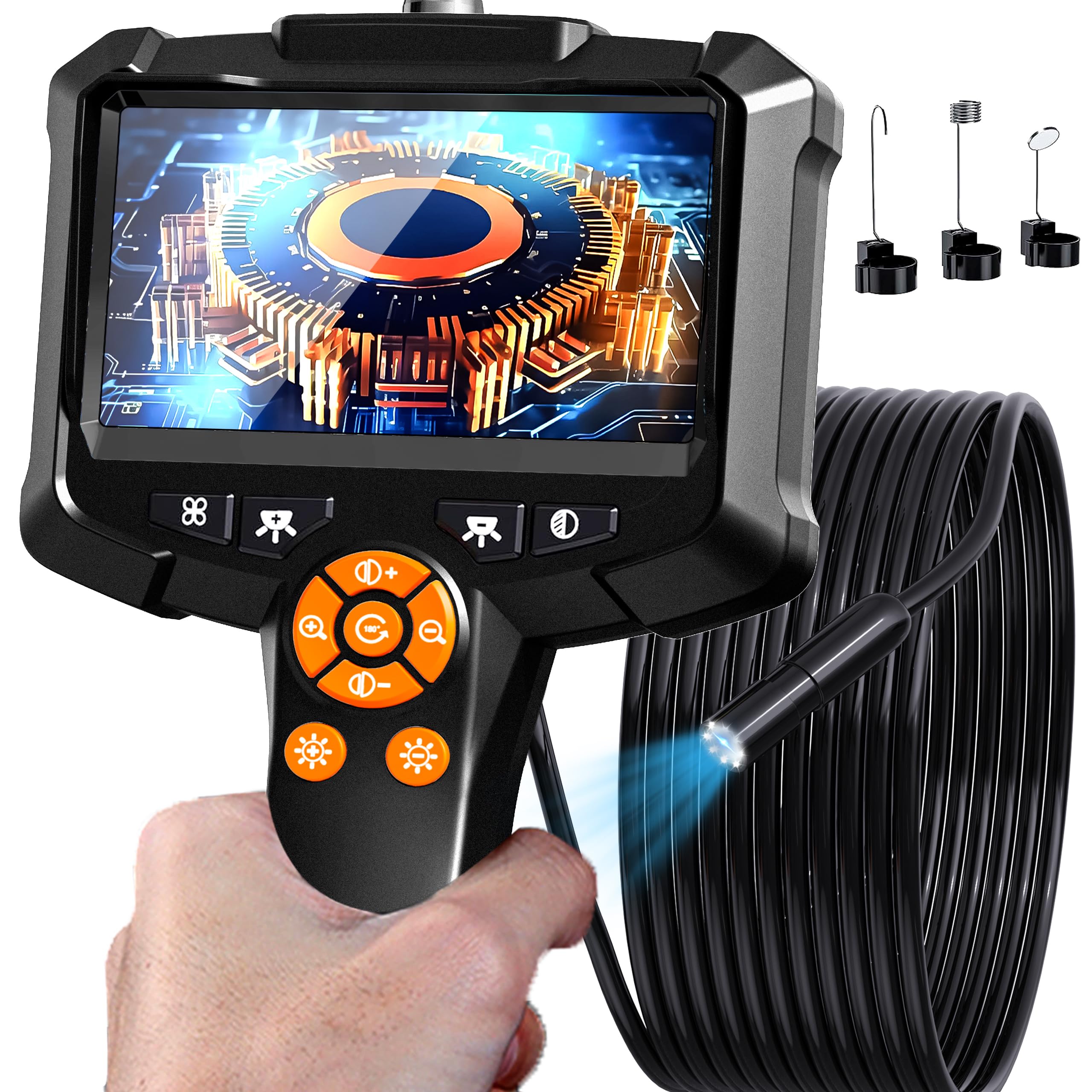 Endoskopkamera mit Licht, 1080P HD Endoskop mit 8 einstellbaren Lichtern, 4,3" Endoskop mit 5m semi-rigider Schlangenkamera, IP67 wasserdichte Endoskope für Abwasser, coole Gadgets & Werkzeuge für Männer