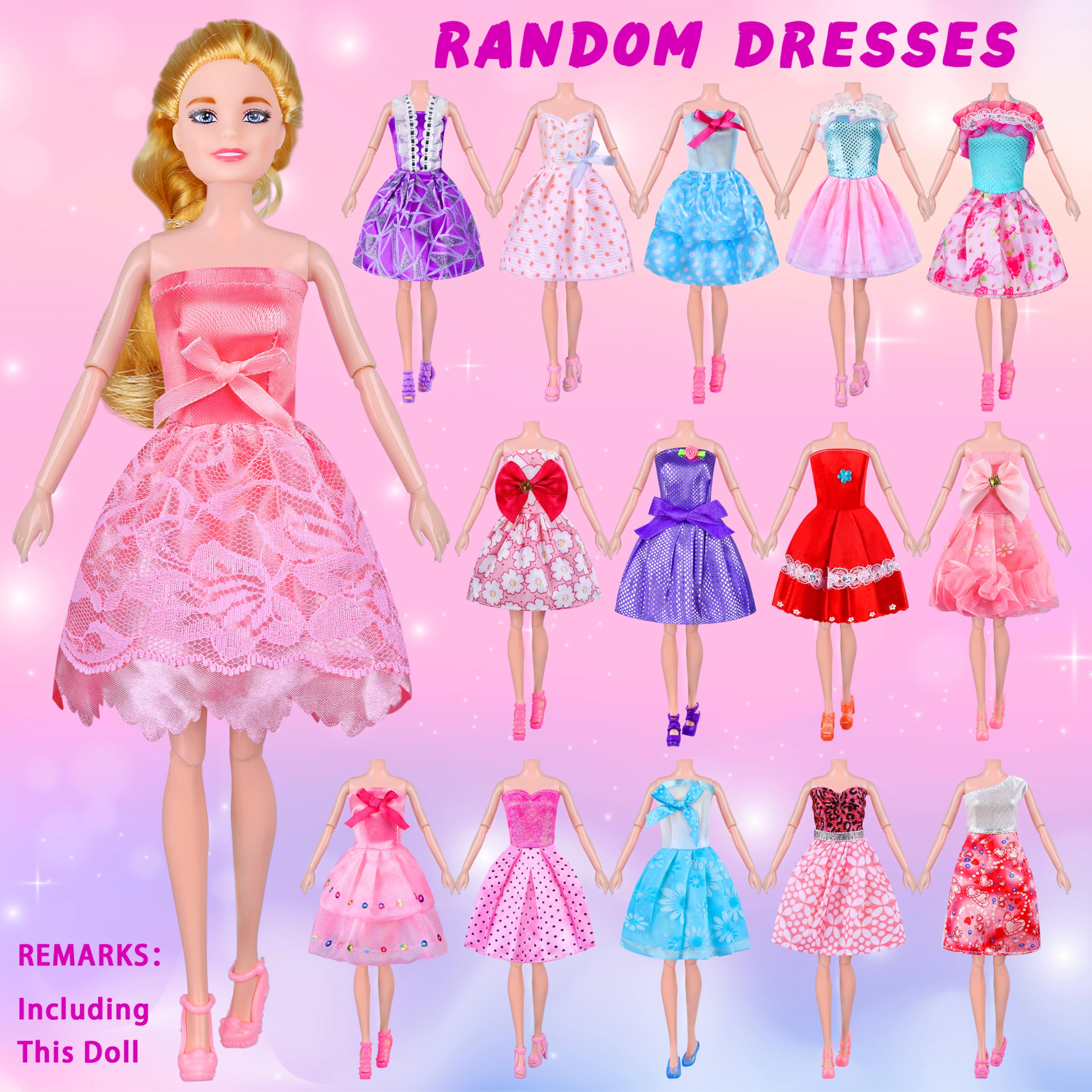 135 Pcs Doll Clothes and Accessories with Doll, Princess Gowns, Fashion Dresses, Slip Dresses, Top, Pants, Jumpsuit, Swimsuits, Shoes, Hangers, Doll Dress up Toys for Girls Kids Toddlers Toy Gifts