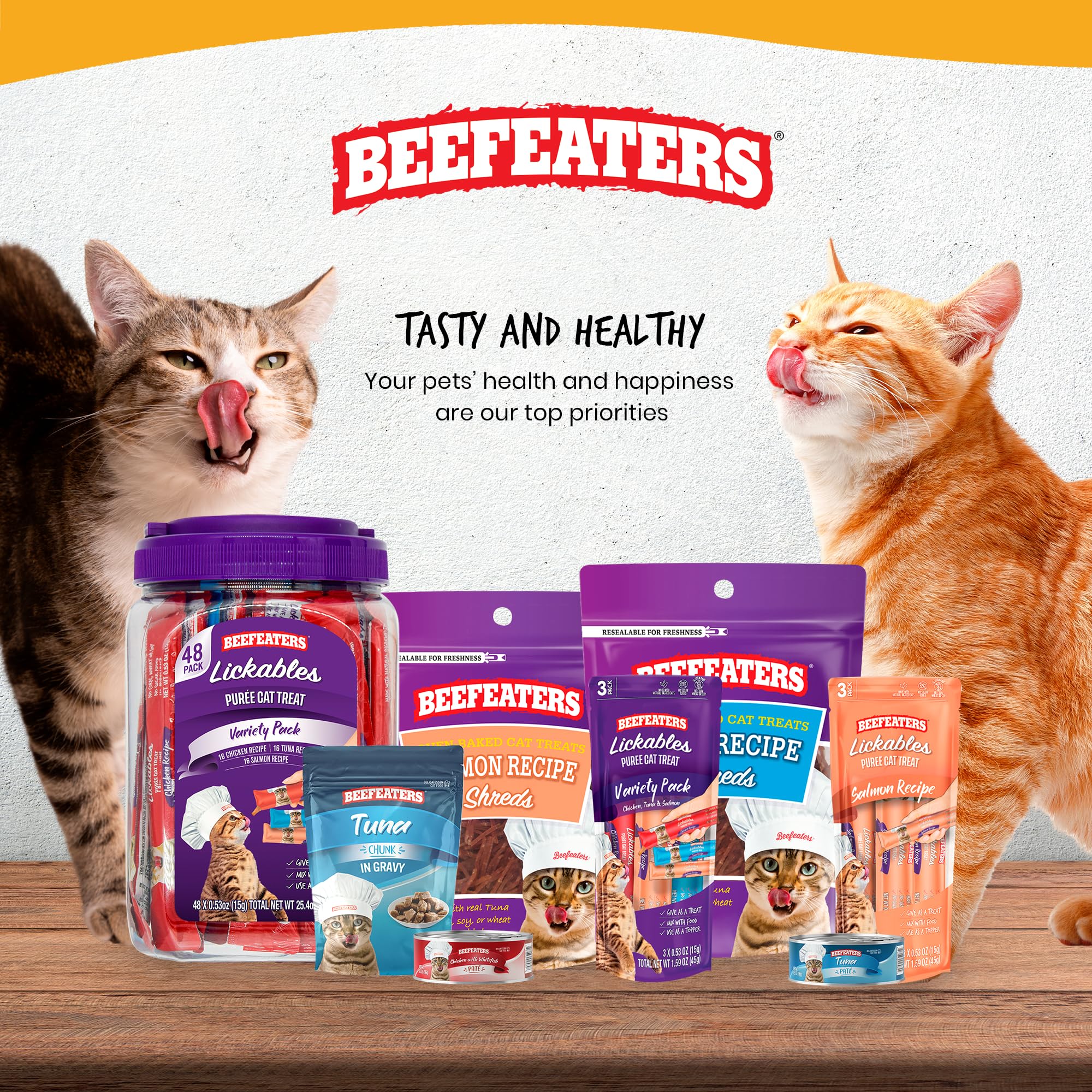 Beefeaters Cat Treats Variety Pack Lickable Puree 48ct – Salmon, Tuna & Chicken, Grain-Free, Taurine-Enriched, Ideal for Training & Interactive Feeding