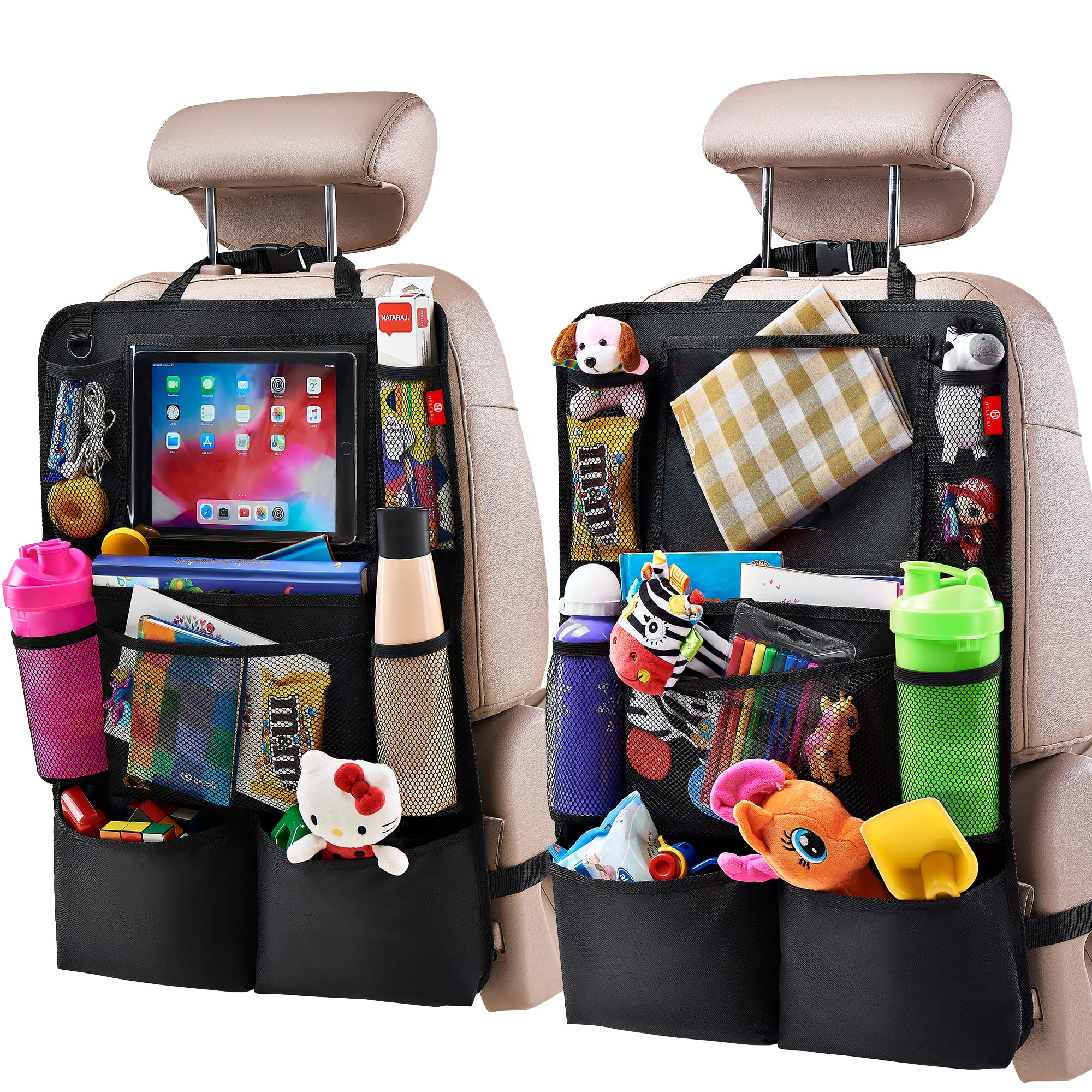 Helteko Rücksitz-Organizer, Rückenlehnenschutz mit Touchscreen-Tablet-Halter, Rücksitz-Organizer für Kinder, Reise-Zubehör mit 9 Ablagetaschen, 2er-Pack, Schwarz