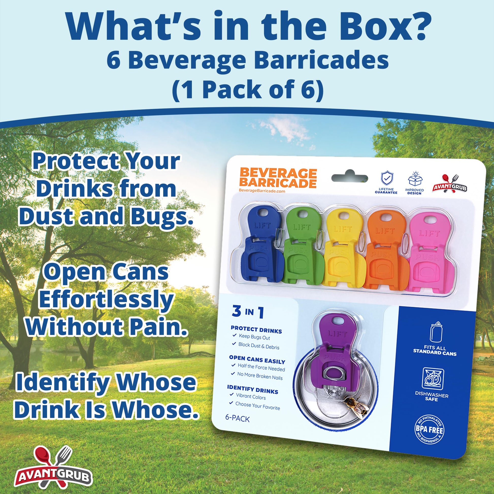 Complete Cover Easy Tab Opener New and Improved 6PK Beverage Barricade 2.0 by Avant Grub. Colorful Drink Can Protector Cap for Soda, Beer, Coke Shields From Bugs, Bees, Dust at the Party, BBQ, Beach
