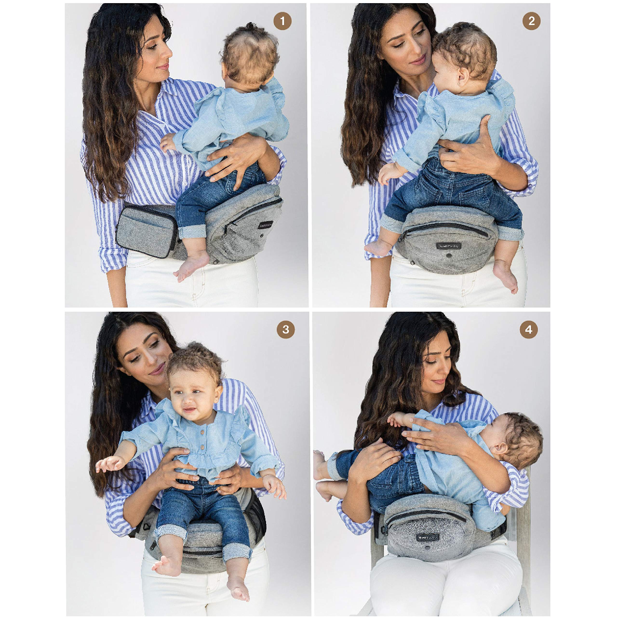 TushBaby The Only Safety Certified Hip Seat Baby Carrier - As Seen On Shark Tank-Adjustable, Machine Washable, Ergonomic Newborn + Toddler + Child Carrier, Safe Ultra-Comfortable Waist Carrier Grey