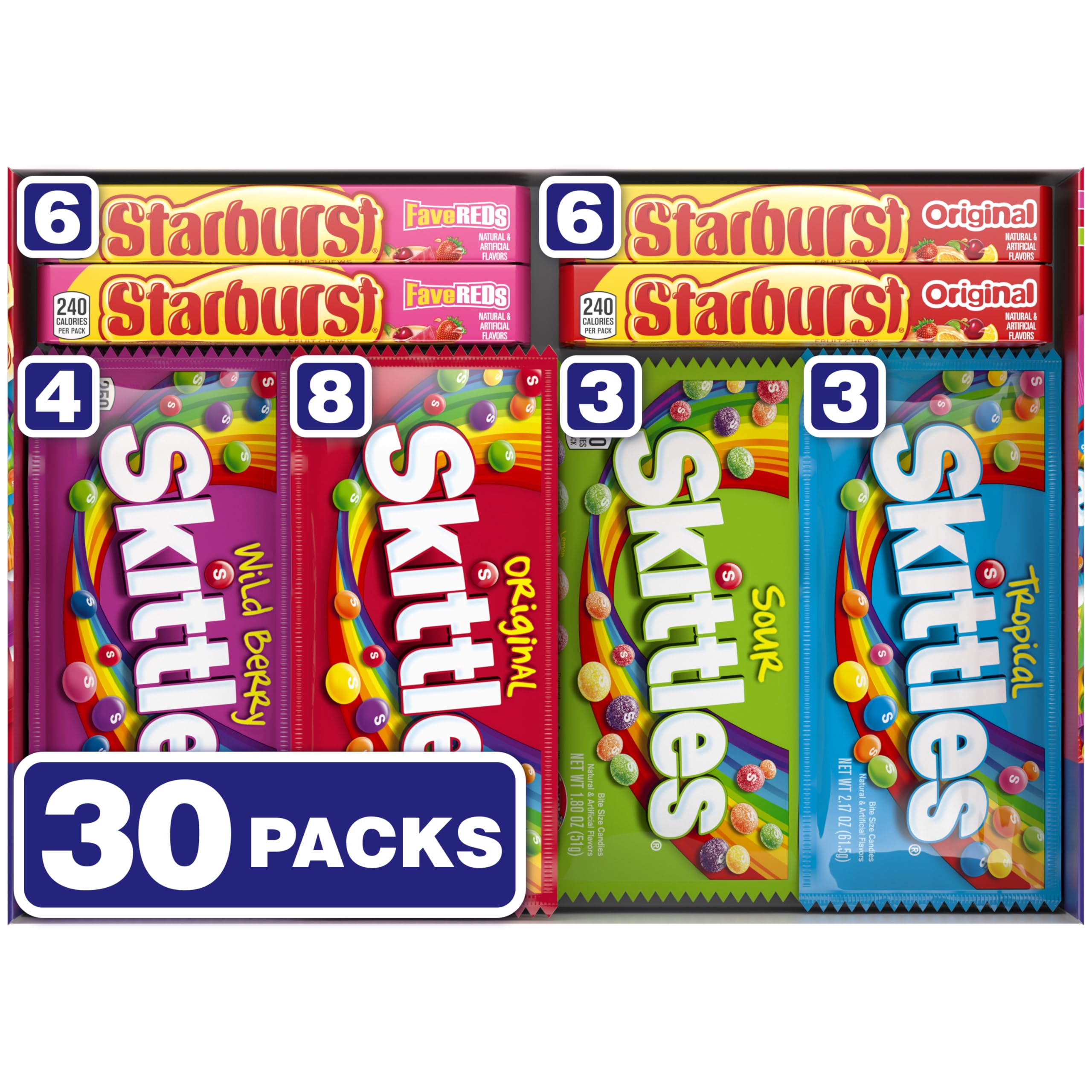 SKITTLES & STARBURST Assorted Candy Variety Pack for Holidays, Candy Assortment, Party Favors, 62.79 oz (30 Count) Bulk Box
