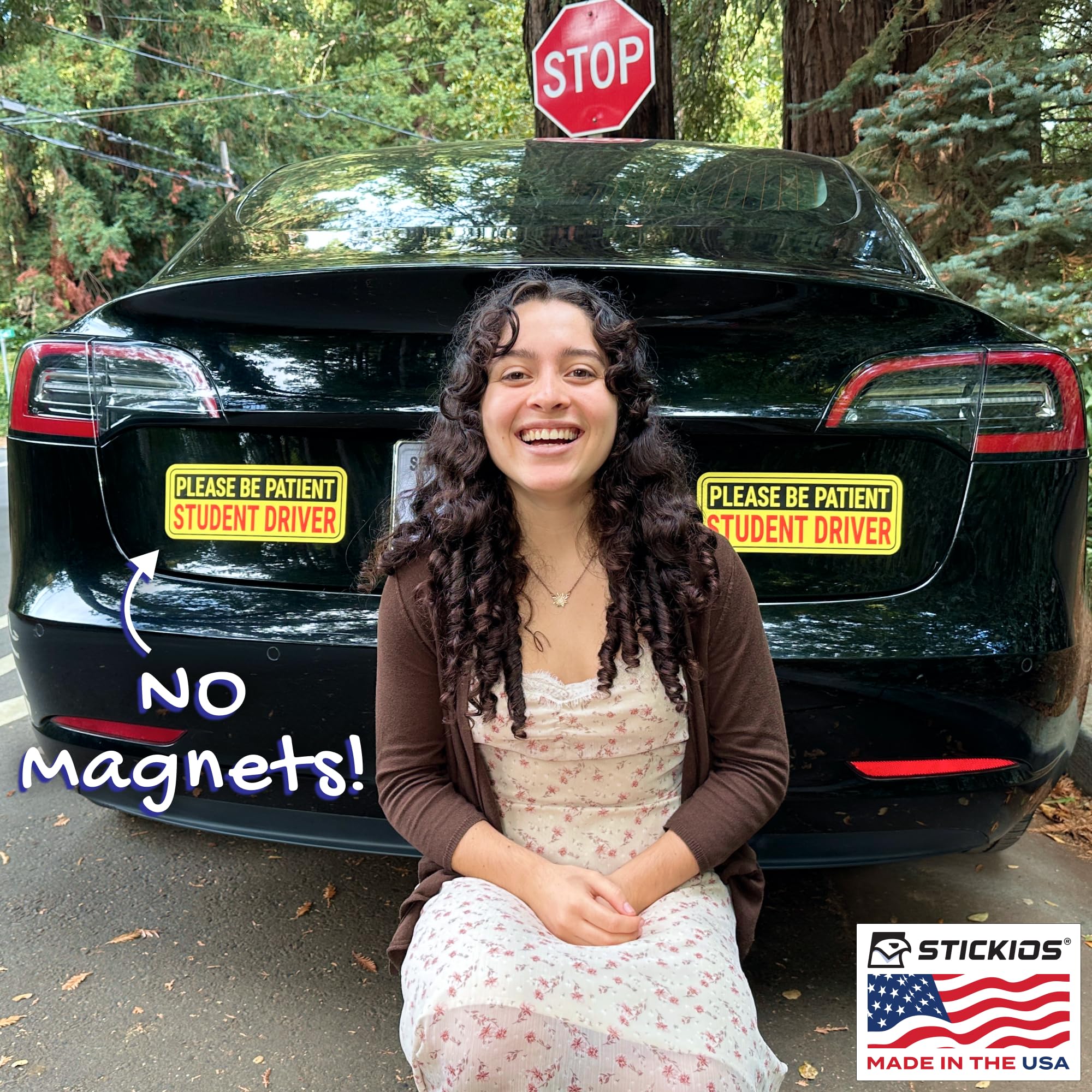 Stickios Non-Magnetic Student Driver Stickers - Removable Vinyl Decal Signs for Cars & Windows - Made in USA (10x4 inches, 2-Pack)