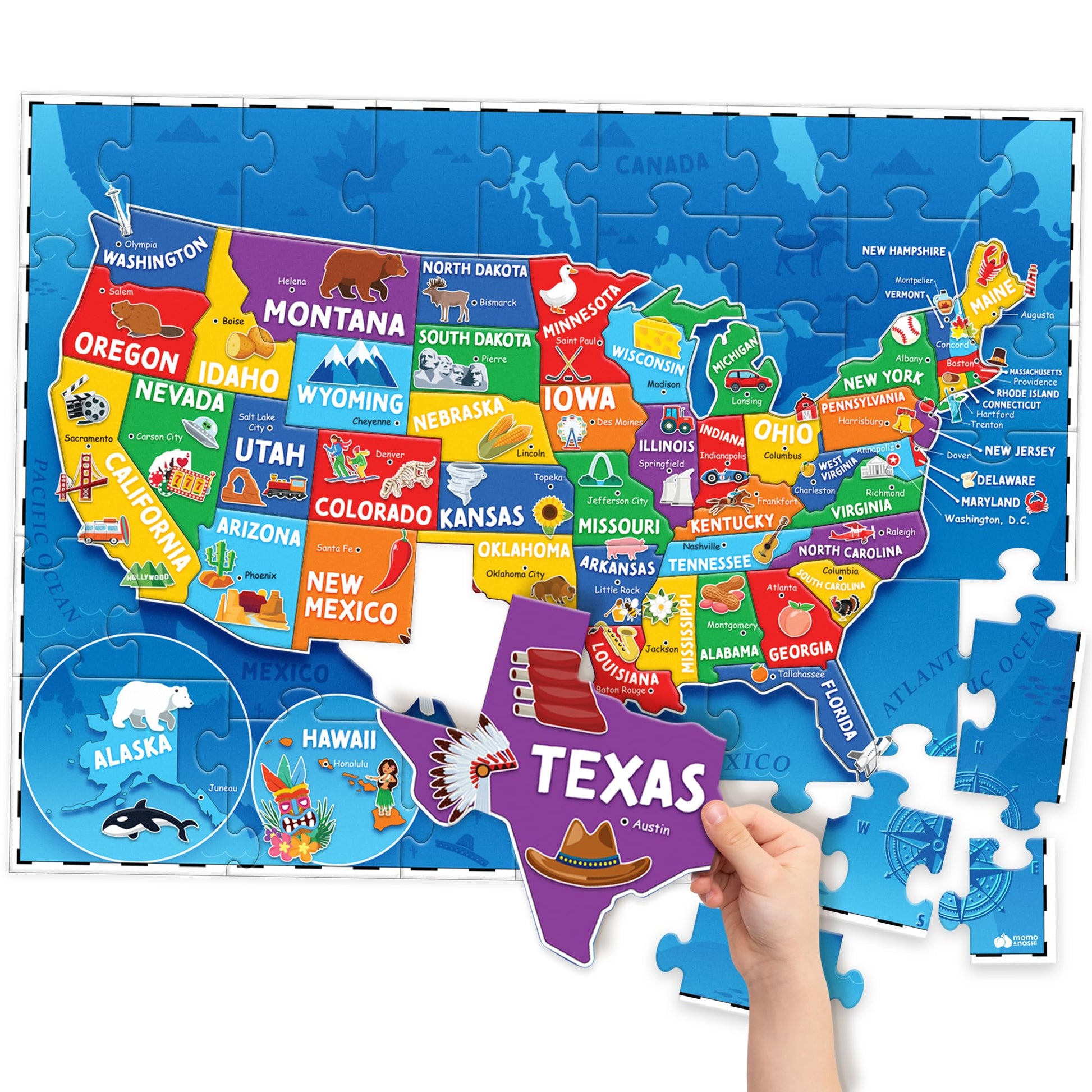 United States Puzzles for Kids Ages 4-6 - Educational Toys for Boys & Girls - 70Pcs USA Map Kids Puzzle with 50 States & Capitals - Floor Jigsaw Puzzles - Fun Learning Activities & Gifts for Children