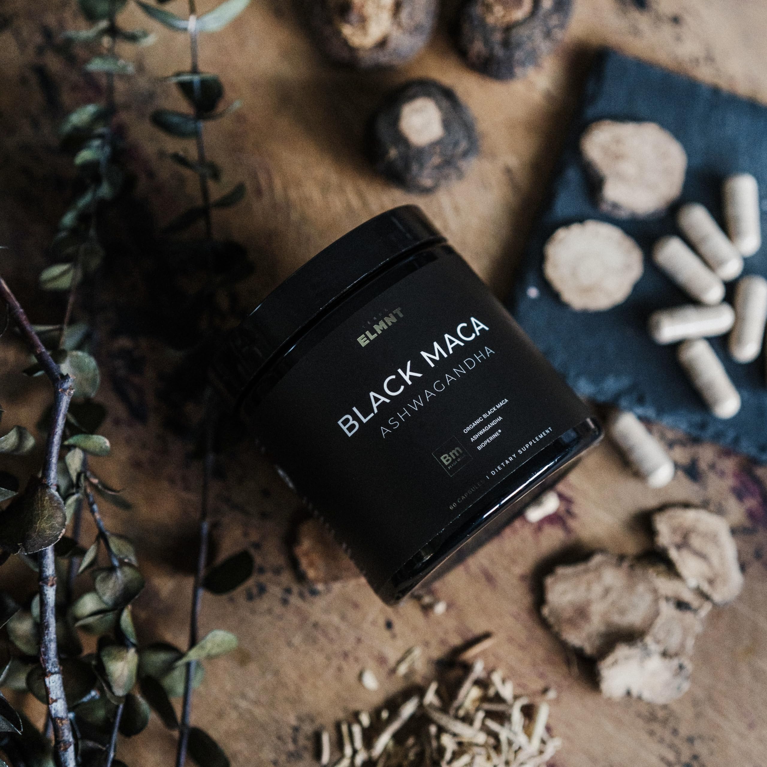 ELMNT 40,000mg 40x Strength Organic Black Maca Root + Ashwagandha - #1 Highest Potency Black Maca Root Capsules for Men Supplement 100% Pure Maca Peruana 40:1 Extract Maca Powder Pills Male Booster