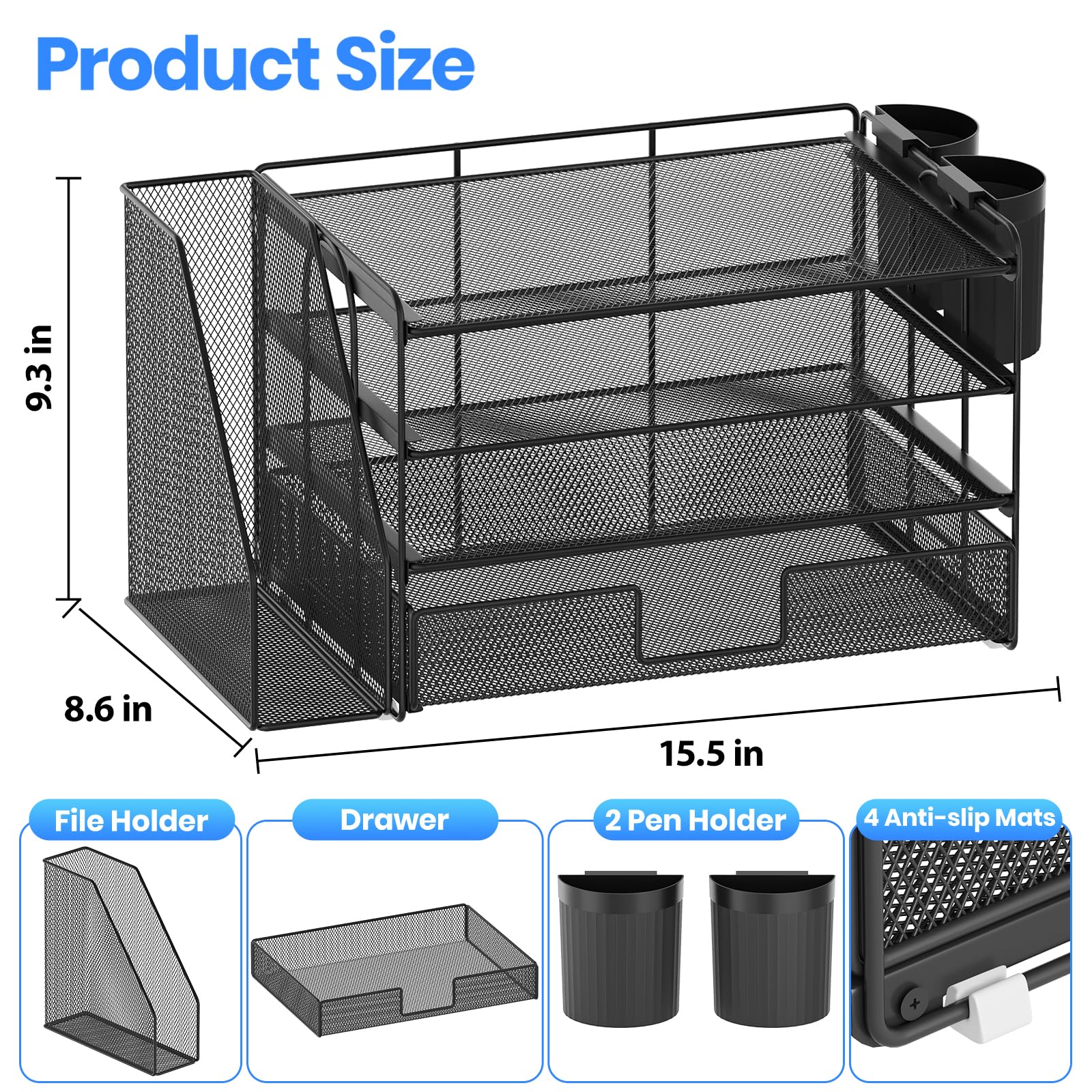 OPNICE Desk Organizer and Accessories, 4-Tier Desktop File Organizer with Drawer and 2 Pen Holders, Office Desk Accessories, Workspace Organizers for Office Supplies(Black)