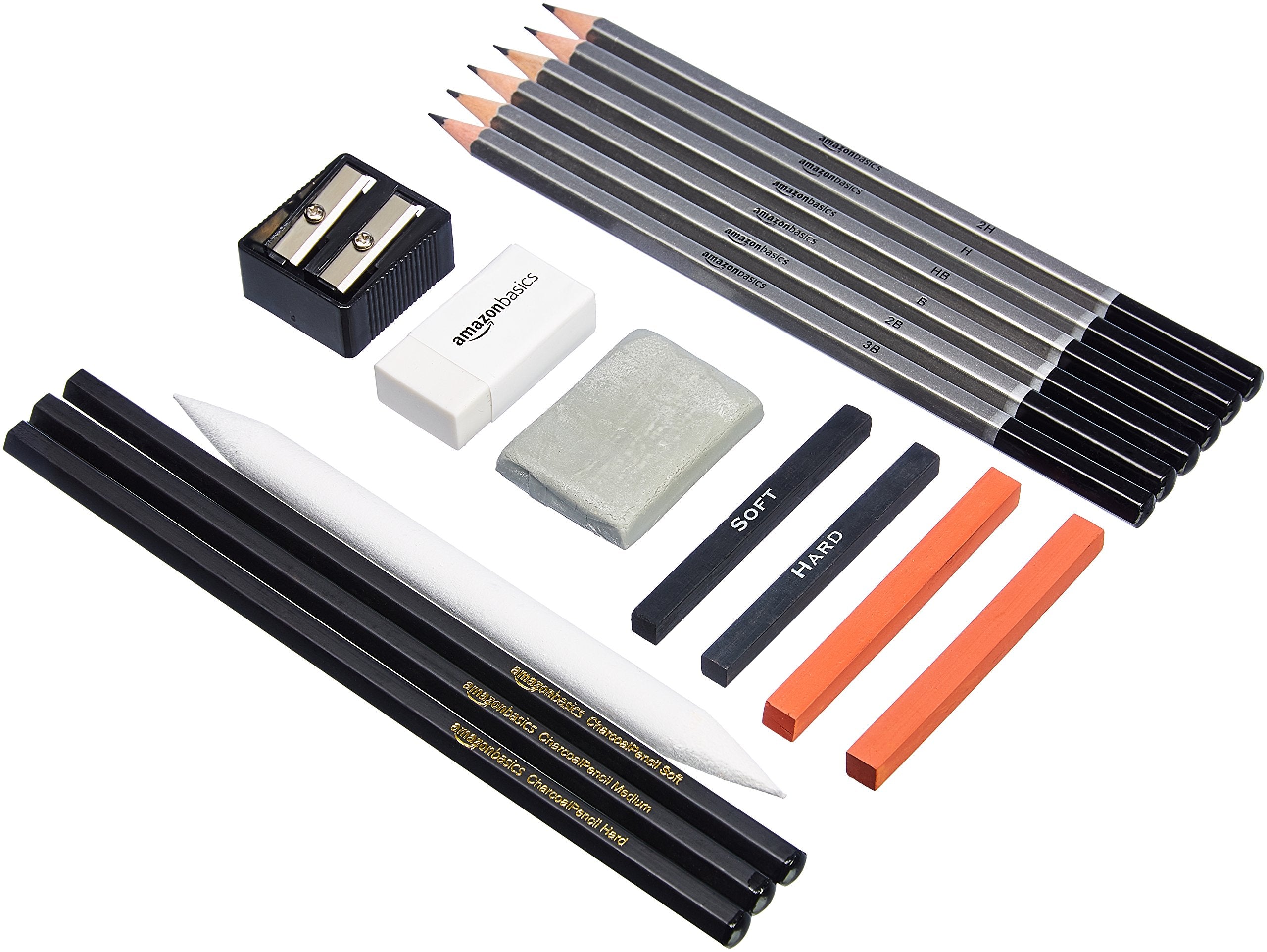 Basics Sketching and Drawing Art Pencil Kit, Artist Supplies with Pencils, Erasers, Sharpener, Charcoal, Black, White, 17 Piece Set