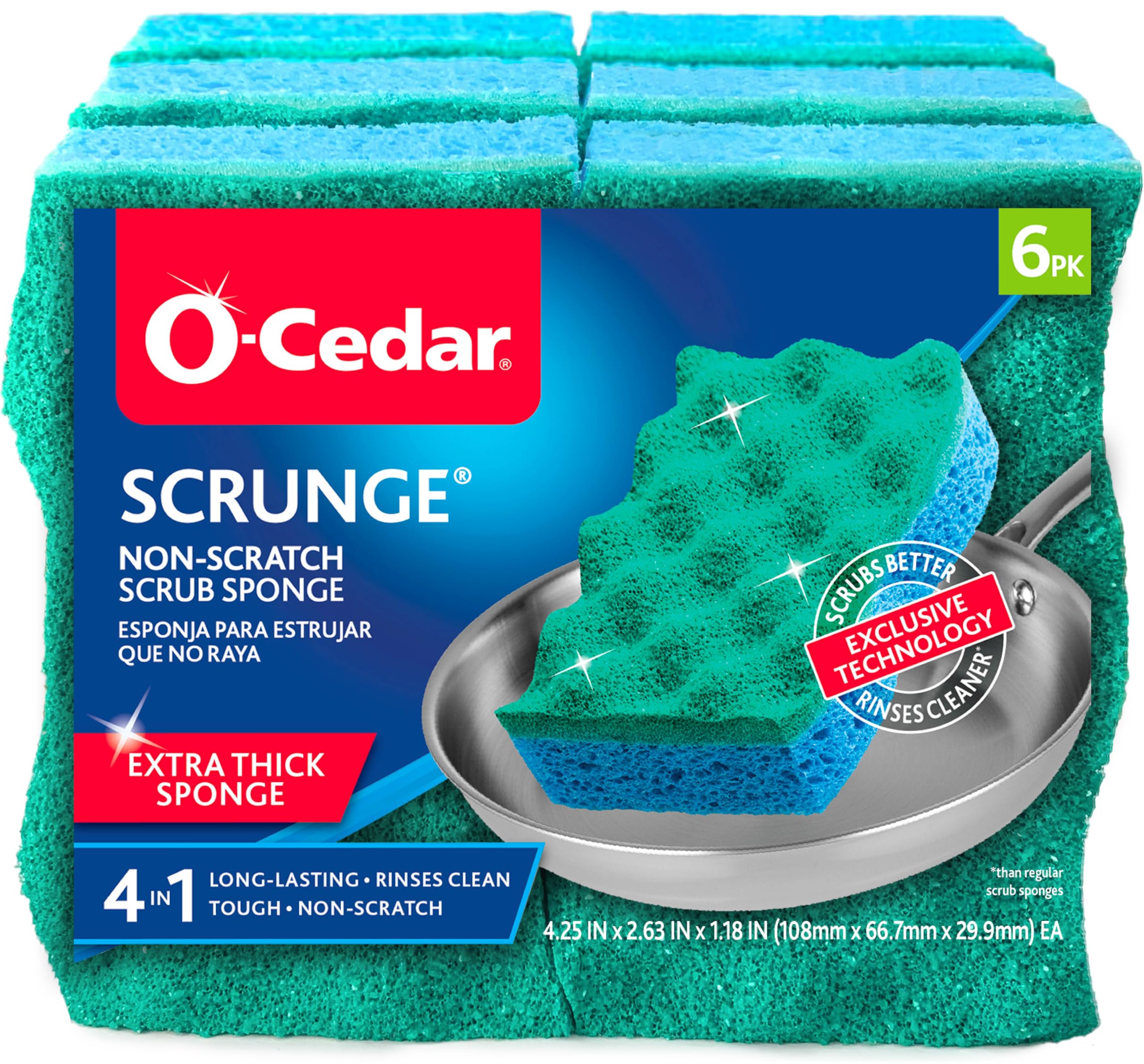 O-Cedar Scrunge Non-Scratch Scrub Sponge (Pack of 6) Multi-Use, All-Purpose, Odor-Resistant, Scrubbing Sponge Safely Cleans All Hard Surfaces in Kitchen and Bathroom