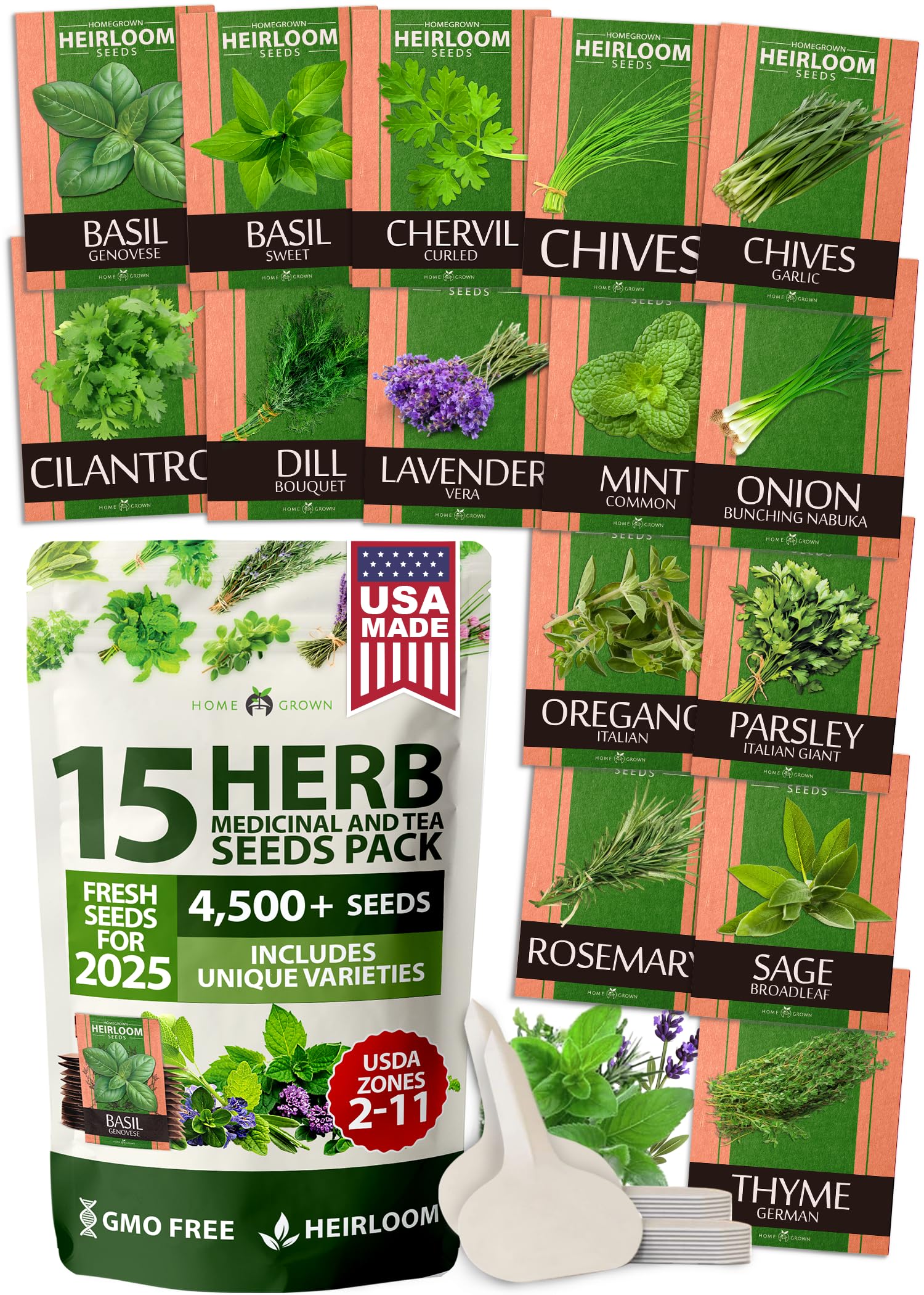 HOME GROWN 15 Herb Seeds for Planting 4,500+ Non-GMO Heirloom Seeds | Extra Large Variety Pack Herb Kit - Indoor Outdoor & Hydroponic | Culinary Seed Set | Grow Your Own Herbs | Gardening Gift