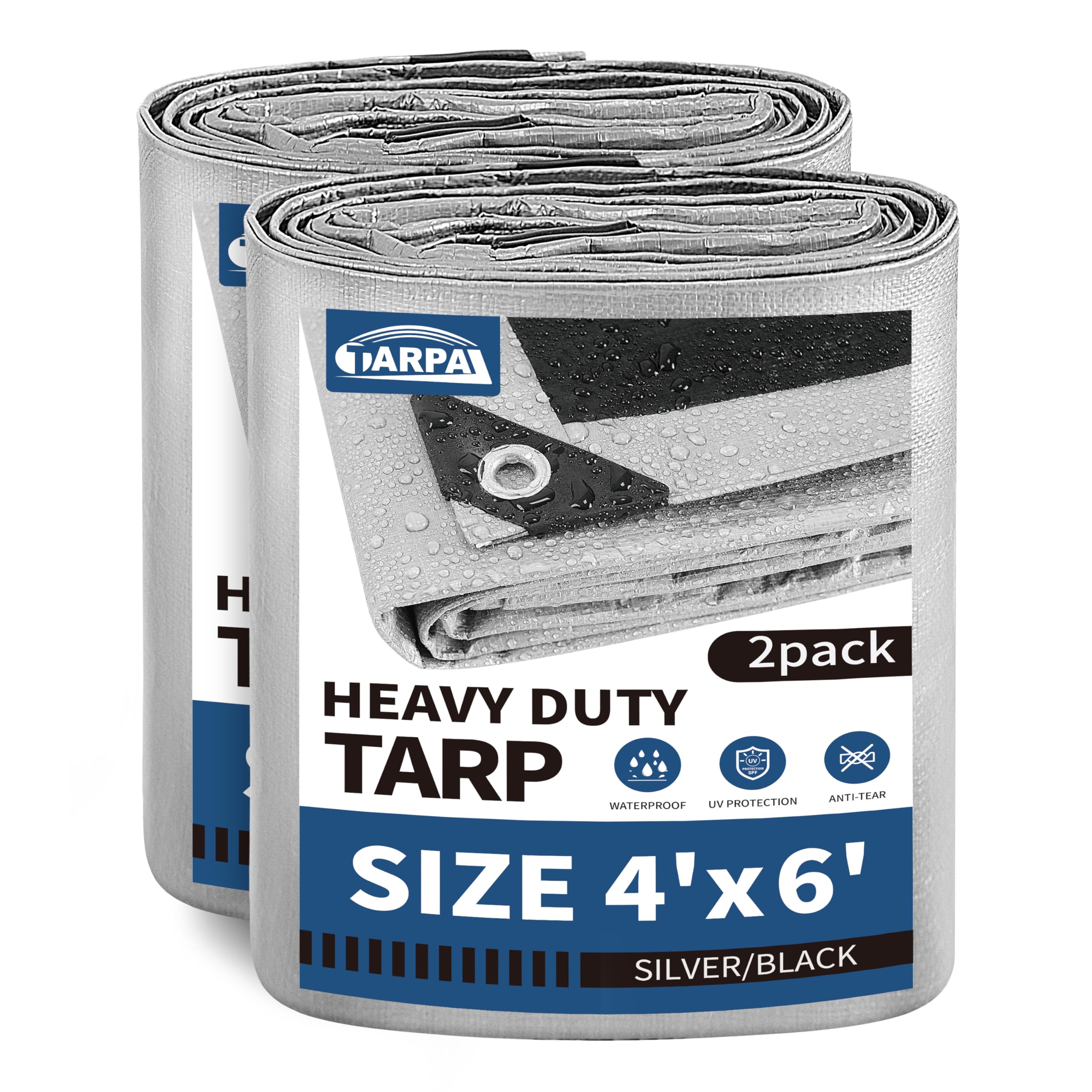 TARPAL 4x6 Tarps Silver 10.5Mil(2-Pack) Multipurpose Protective Cover Heavy Duty Tarp Snow or UV Protection Waterproof,Lightweight, Durable Reinforced Edges