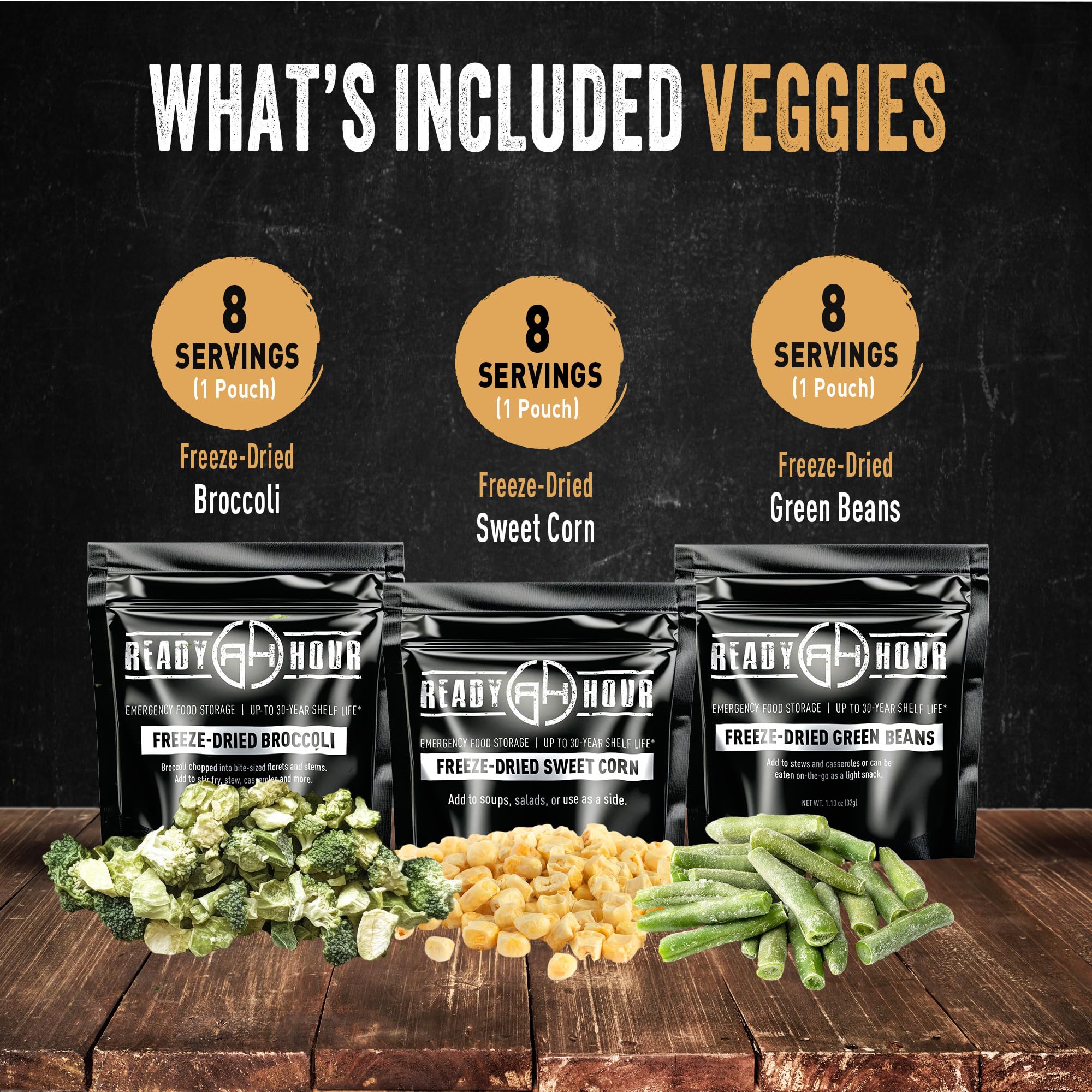 Ready Hour, Fruit & Veggie Mix, Non-Perishable Freeze-Dried Food, 30-Year Shelf Life, Portable Emergency and Adventure Food Supply, Durable Flood Safe Container, 56 Servings